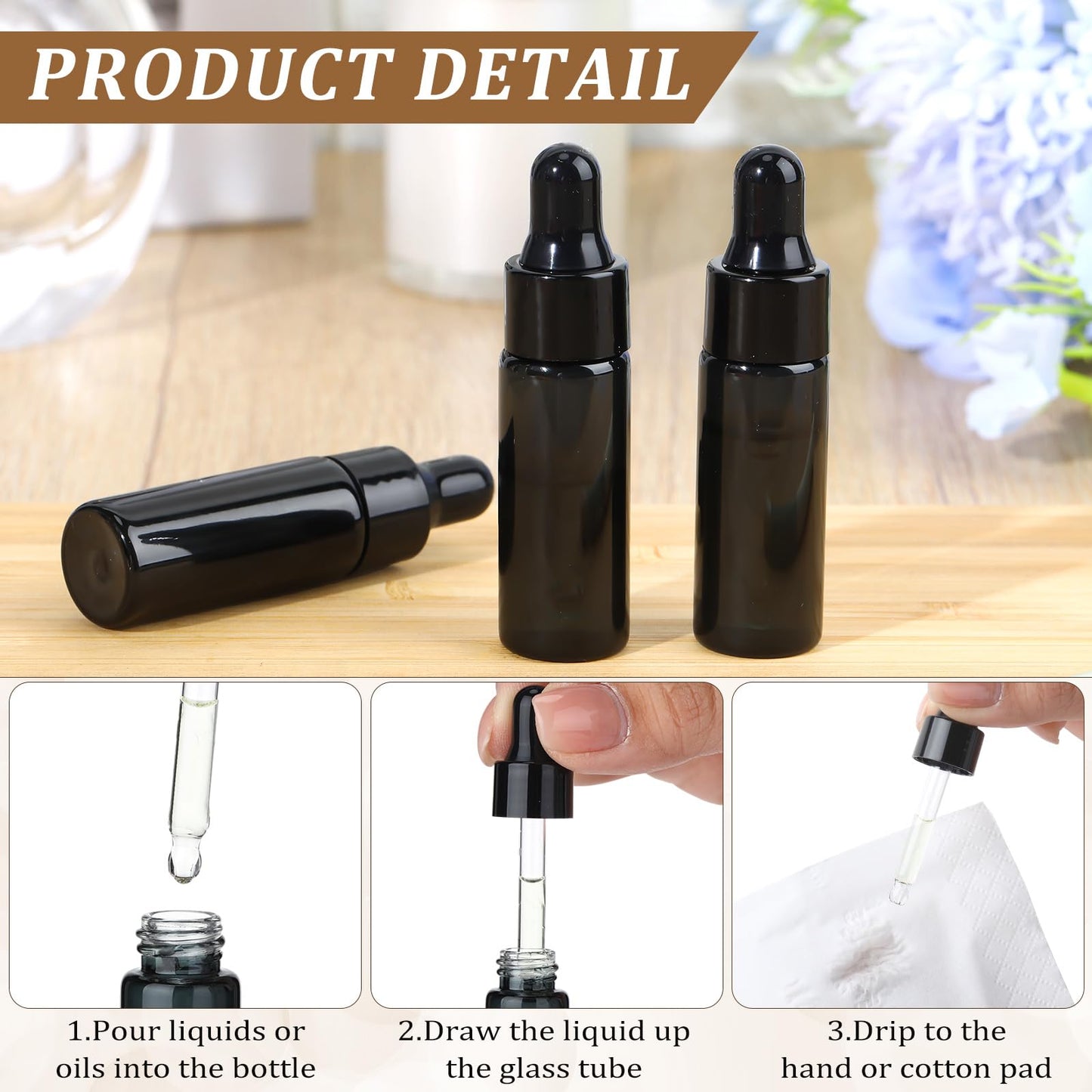 Bokon 100 Pcs Glass Dropping Bottles Mini Essential Oil Dropper Bottles Empty Sample Vials with Black Cap Tiny Storage Jars with Dropper for Perfumes Cosmetic Liquid Aromatherapy Lab(Black,5 ml)