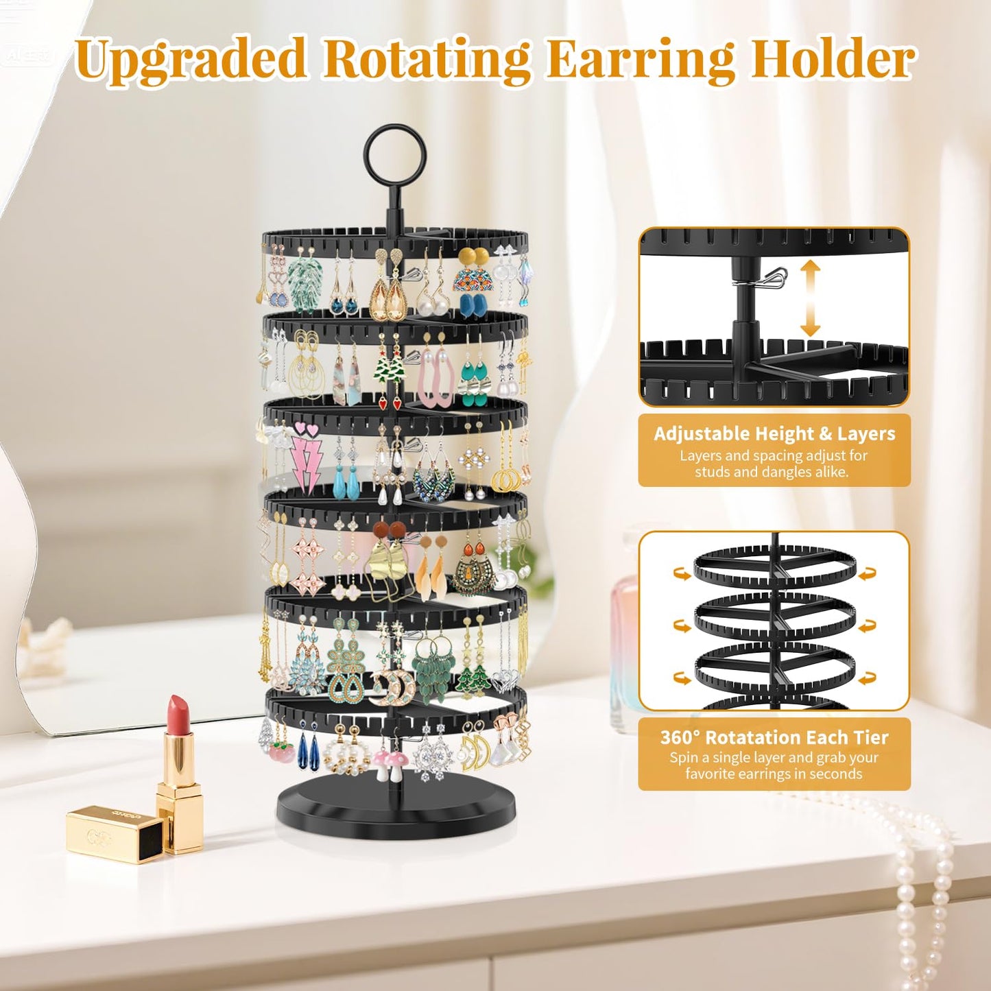 EsLuker.ly Earring Holder Organizer Rotating Stud Display Tree Rack with 342 U-Slots for Women Girls, Large Adjustable 6 Tier Plastic Storage Stand with Metal Tray for Pierced Hoop Post Earring, Black