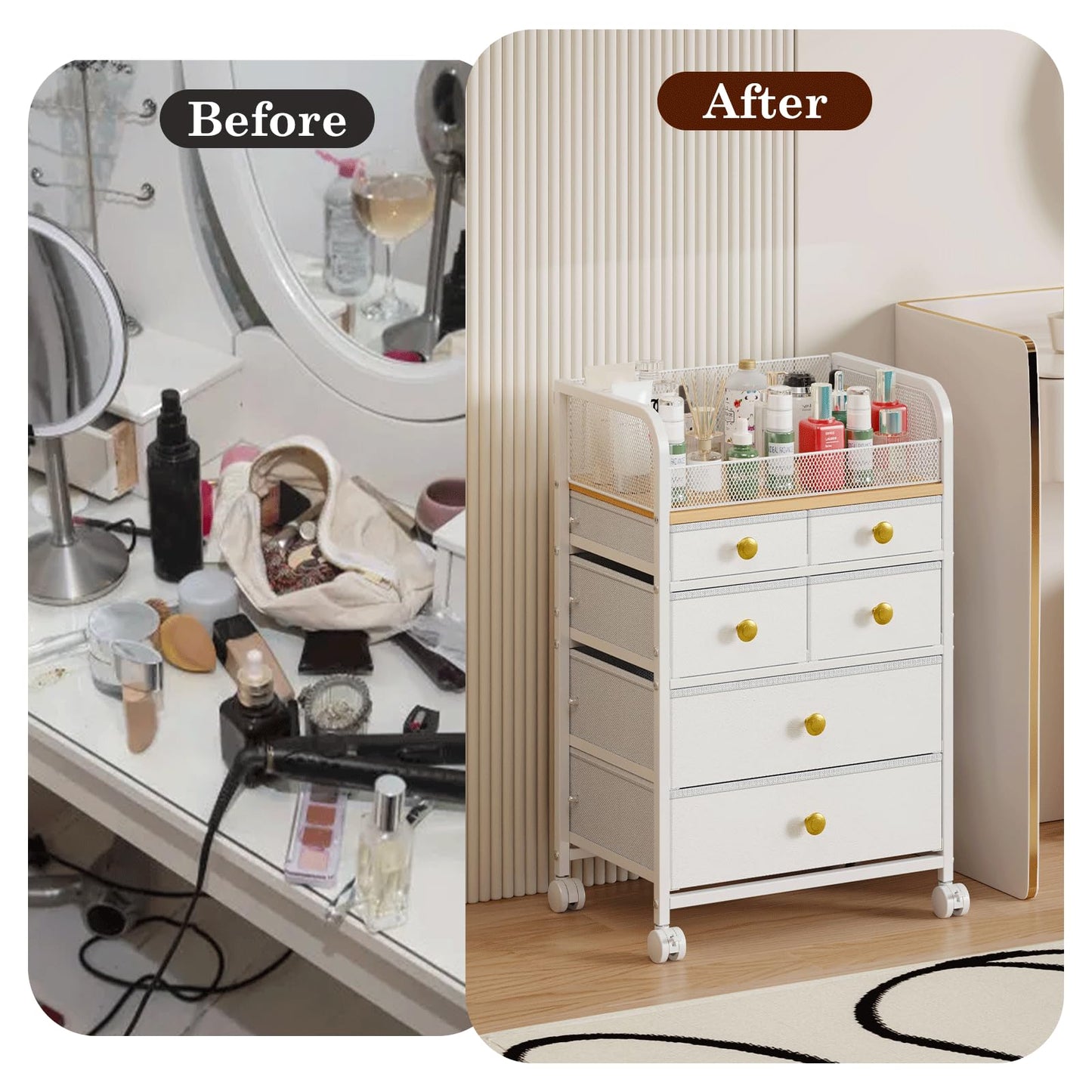 Uiithokyia Rolling Makeup Cart Organizer with 6 Drawers, Makeup Storage with Wheels, Floor Skincare Organizers Vanity Storage Organizer Cosmetics Display Cases for Skin Care Perfume Nail Polish, White