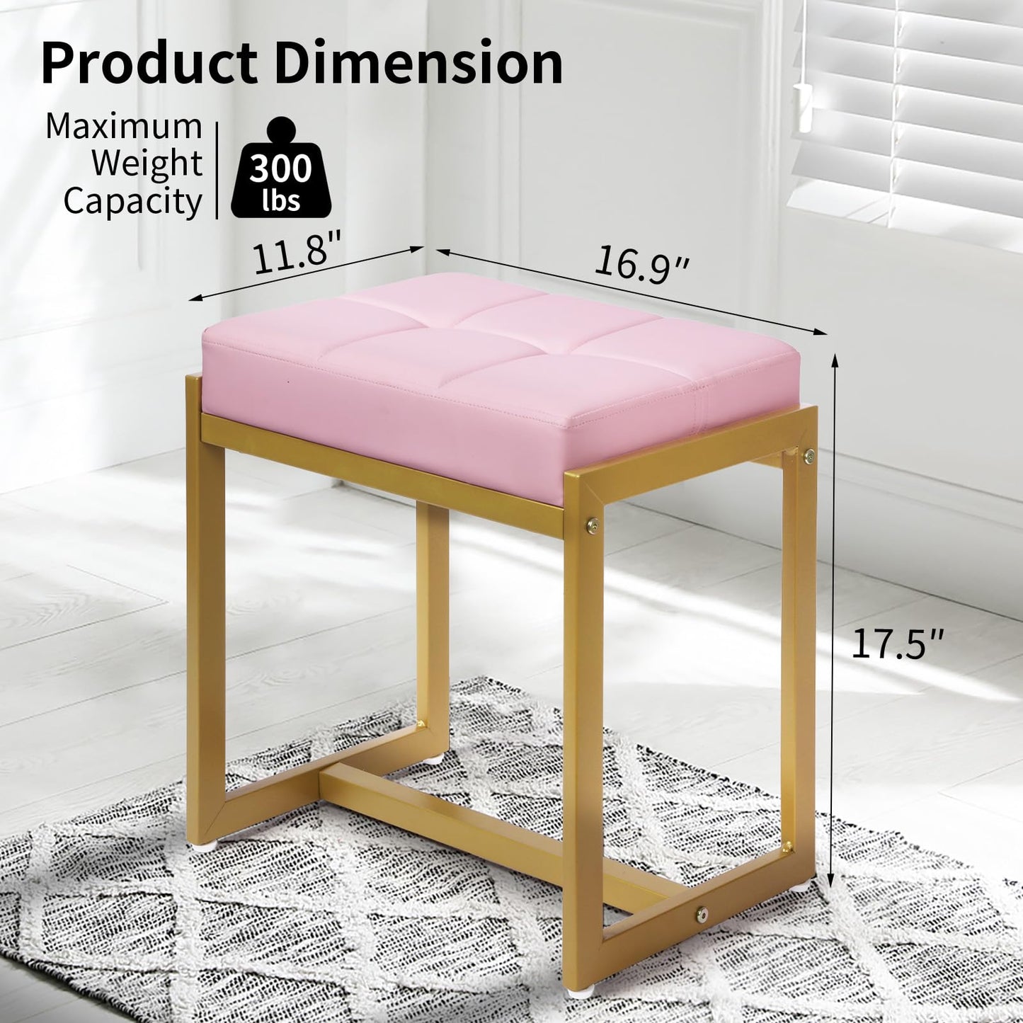 FLYZC Vanity Stool, Pink Small Vanity Stools Chair, Square Cushion Makeup Chairs for Vanity, Metal Foot Stool Ottoman Seat for Bedroom Makeup Living Room, Pink & Gold