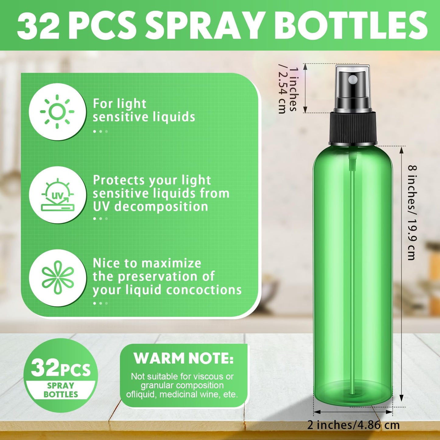 Eccliy 32 Pcs 8 oz Spray Bottles Fine Mist Cleaning Bottles Clear Empty Plastic Travel Sprayer Refillable Sprayer with Cap for Cleaning Solutions Oils Travel Perfumes(Green,Clear)