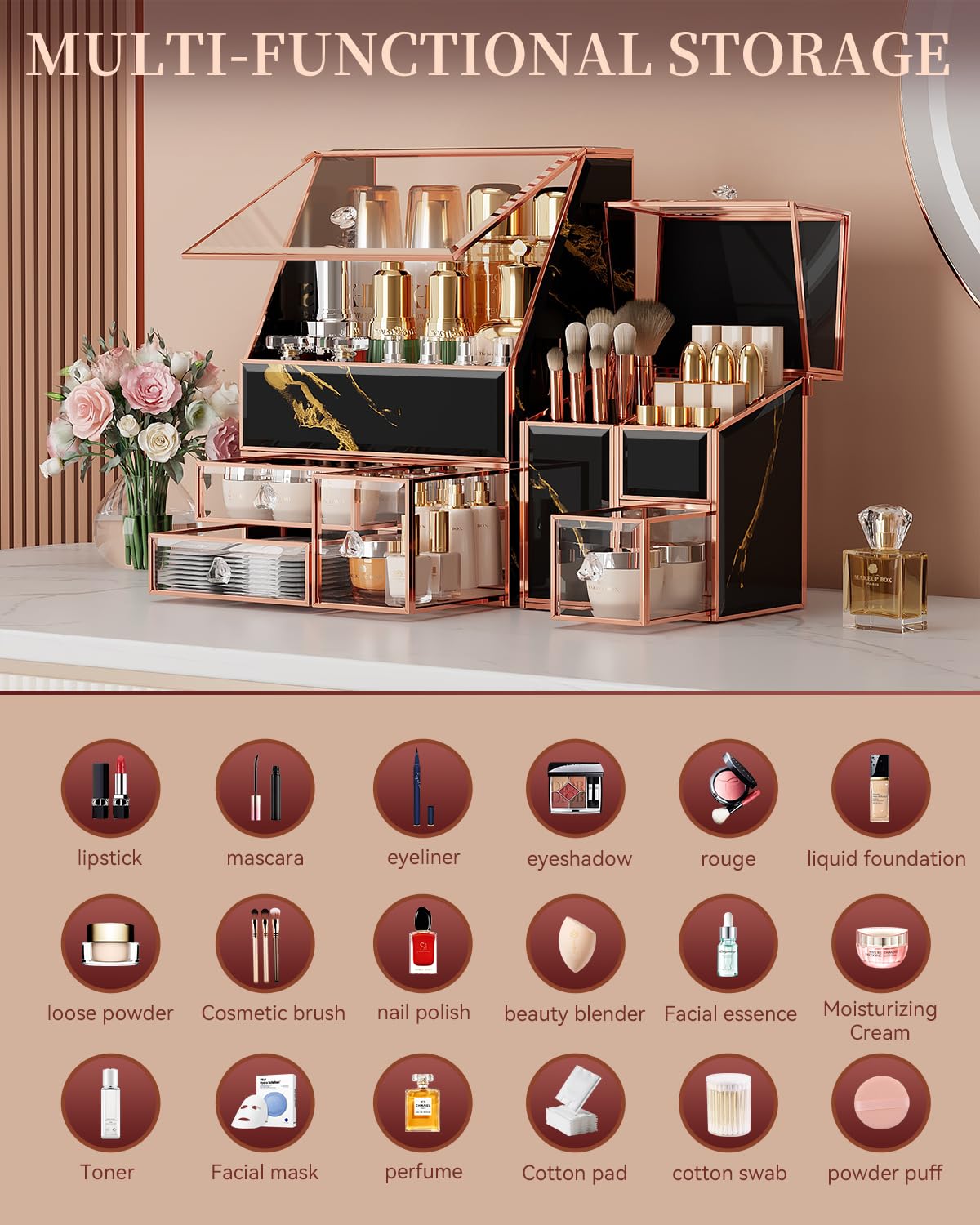 CoralHouse Black Glass Makeup Organizer with Lid, 3-Piece Vanity Organizer with Gold Frame, Cosmetic Display Case for Skincare, Perfume, Lipsticks, Brushes, Bathroom Countertop & Dresser