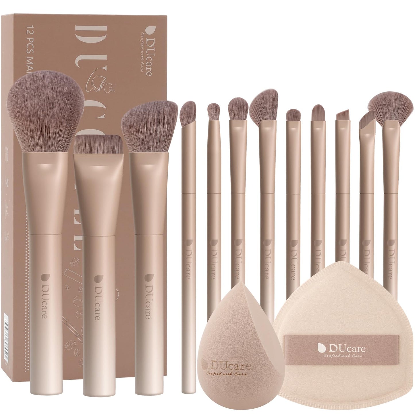 DUcare 14pcs Makeup Gift Set,12Pcs Coffee Series Makeup Brush set with 2pcs Makeup Sponges Foundation Blending Face Powder Blush Eye Shadows Brushes
