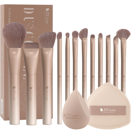 DUcare 14pcs Makeup Gift Set,12Pcs Coffee Series Makeup Brush set with 2pcs Makeup Sponges Foundation Blending Face Powder Blush Eye Shadows Brushes