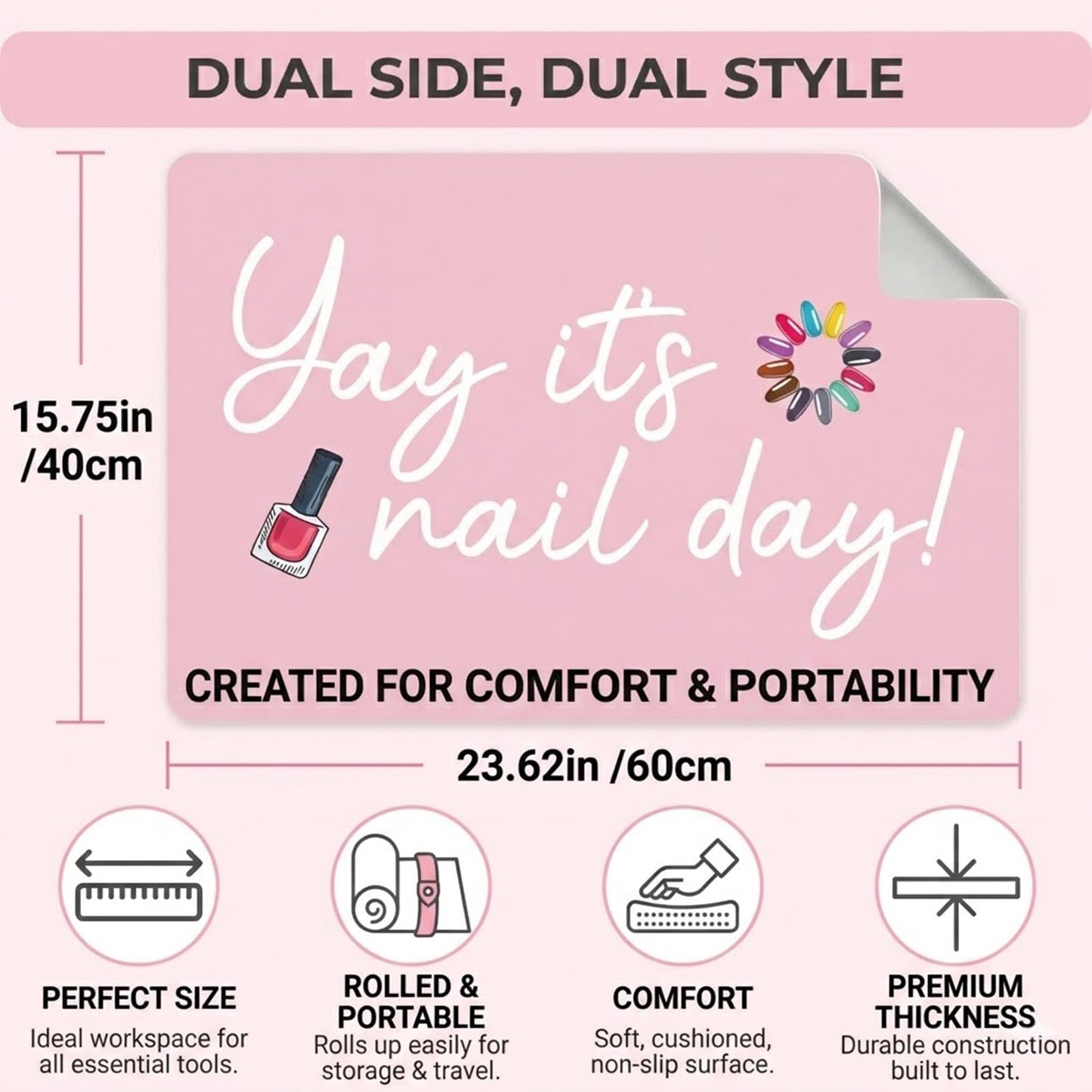 "Yay It's Nail Day" PU Leather Nail Art Table Mat (Mat Only) – Reversible Manicure Desk Protector & Arm Rest Pad for Acrylic Nails, Nail Techs, and Home Salons
