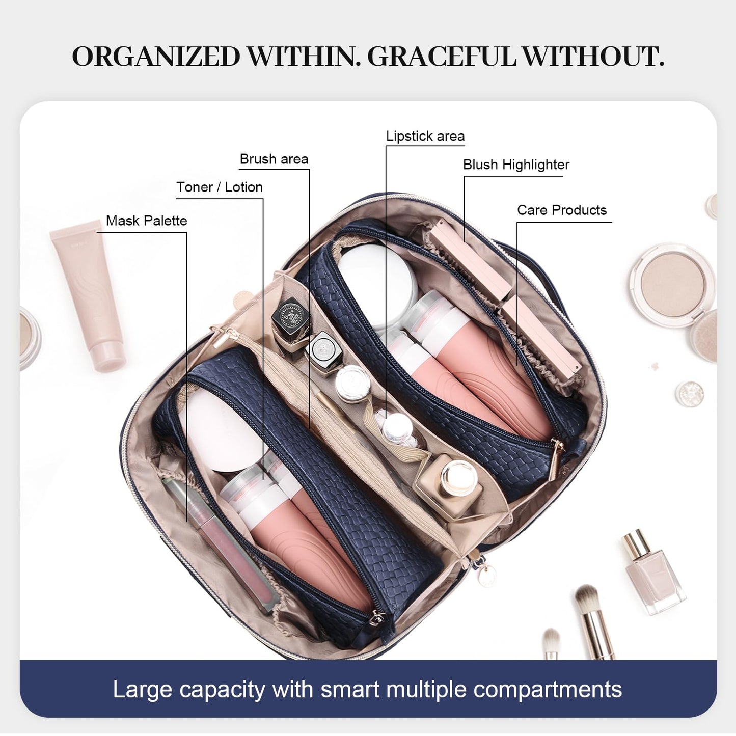 Travel Makeup Bag for Women: 3 Pcs Set Cosmetic Bags for Women - Large Capacity Vagen Leather Hand-made for Toiletry Organizer - Waterproof Ladies Travel Flat Open Essentials for Luxury (02Blue)