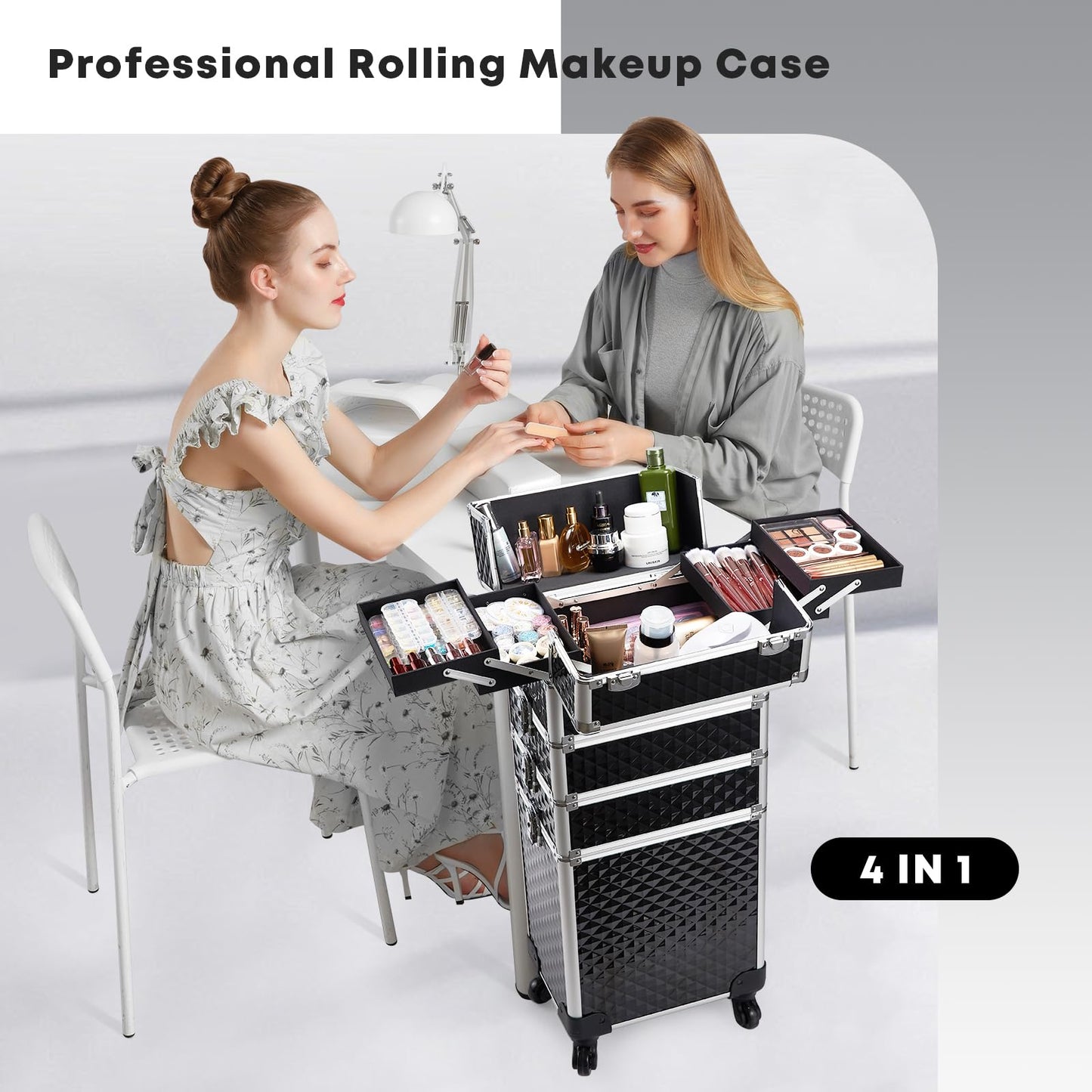 Yueieoun Rolling Makeup Train Case, 4-in-1 Cosmetology Case on Wheels, Nail Tech Cart for Travel, Professional Cosmetic Vanity Case, Suitcase for MUA/Manicure/Tattoo/Style, Lockable Storage Box, Black