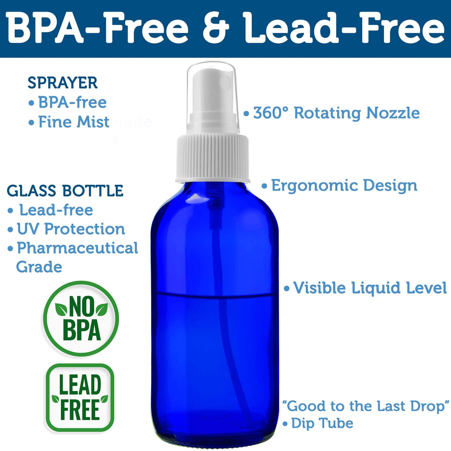 Sally's Organics Empty Blue Glass Small Portable Atomizer Spritzer, 2 Pack (4oz)