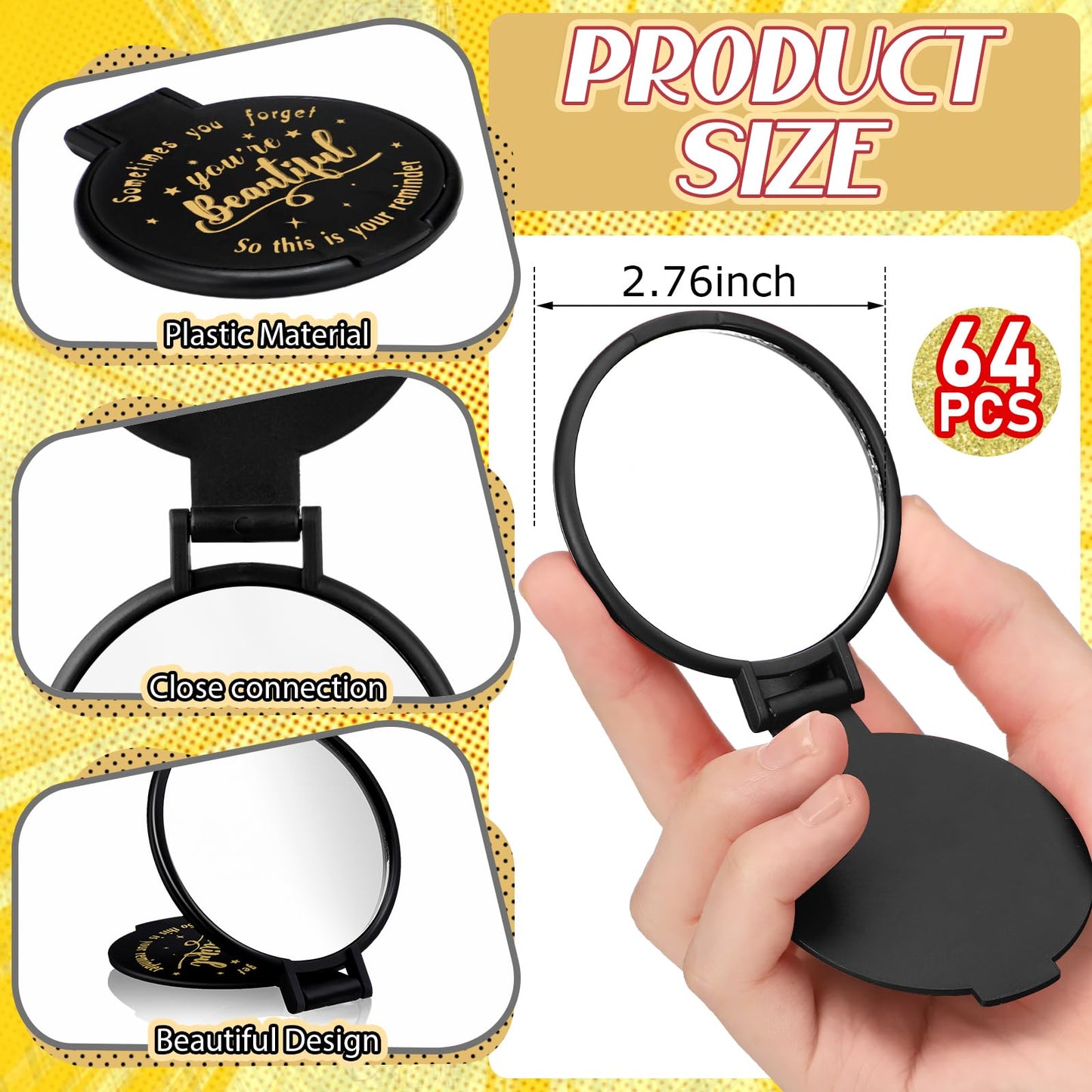 Wenqik 64 Pcs Inspirational Mini Compact Mirrors Bulk, Women Small Gifts Bulk, Group Team Party Favors, Mini Pocket Purse Mirror for Travel, Client, Guest, Wedding, Birthday, Cheerleader (Black)