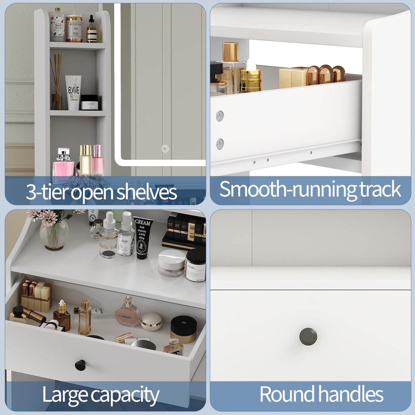DUMOS Makeup Vanity Desk with Mirror and Lights, Small Vanity with Storage Bench, Charging Station and Hair Dryer Holder, Dressing Table with Drawer and Three Shelves, White