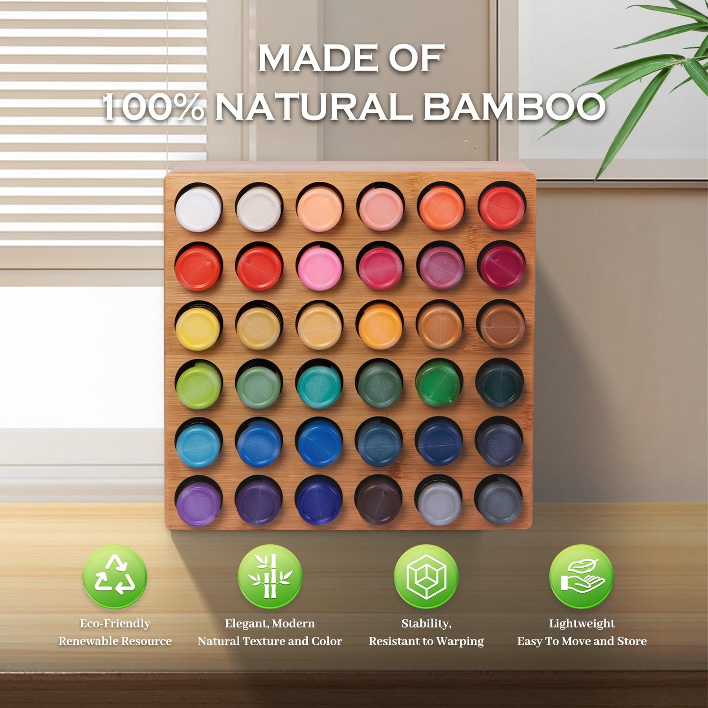 TIKSPCAE Bamboo Craft Paint Storage Organizer,36-Hole Vertical Paint Rack Stand for 2oz Craft & Acrylic Paints,Stackable Modular Storage Solution for Home, Classroom, and Office