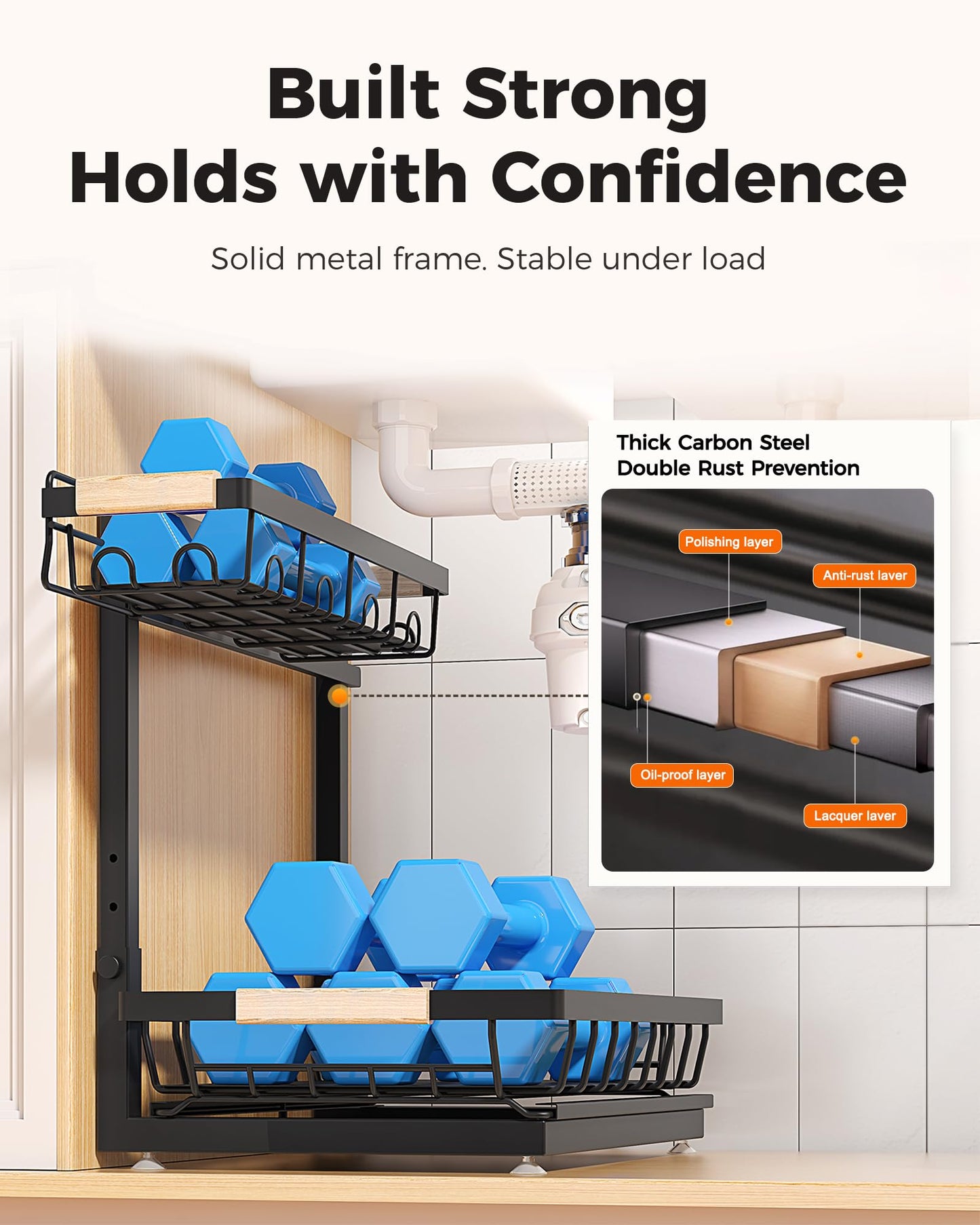 Sevenblue 3 Pack Under Sink Organizer, Height Adjustable 2 Tier Pull-Out Metal Under Kitchen Sink Organizer, Multi-Purpose Storage Shelves for Kitchen Bathroom Cabinet, Black