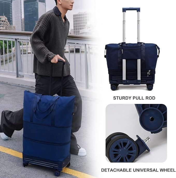 DOJUNS Rolling Duffle Bag with Detachable Wheels, 2025 Upgrade Expandable Foldable Suitcase for Travel, Collapsible Luggage Carry on Duffel Overnight Weekend Bag (Dark Blue)