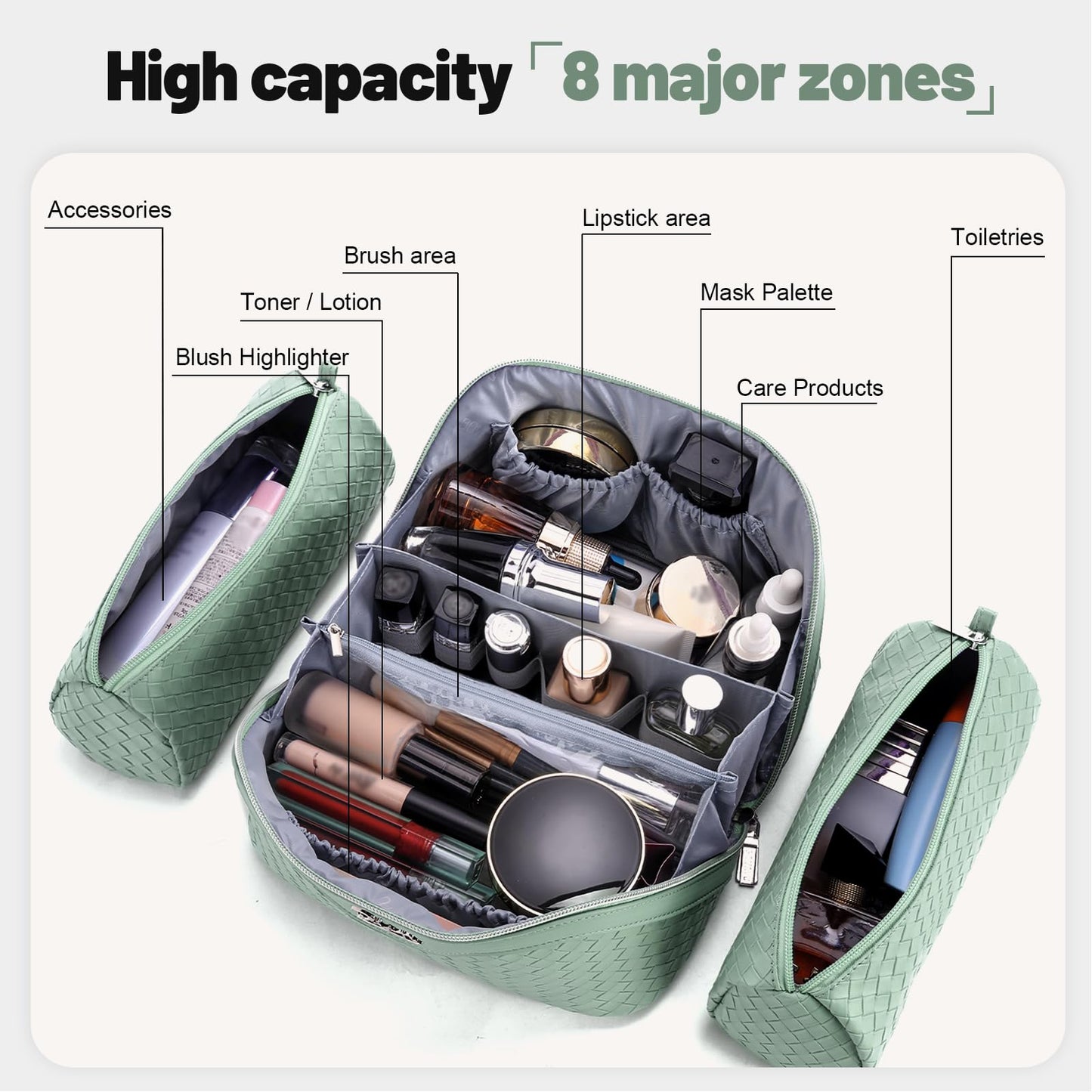 BOYATU Travel Makeup Bag Cosmetic Bags for Women: Large Capacity 3 Pcs Set Make up Bag with Compartments - Waterproof Vegan Leather Toiletry Organizer Bags with Handle (L10 Grass Green)