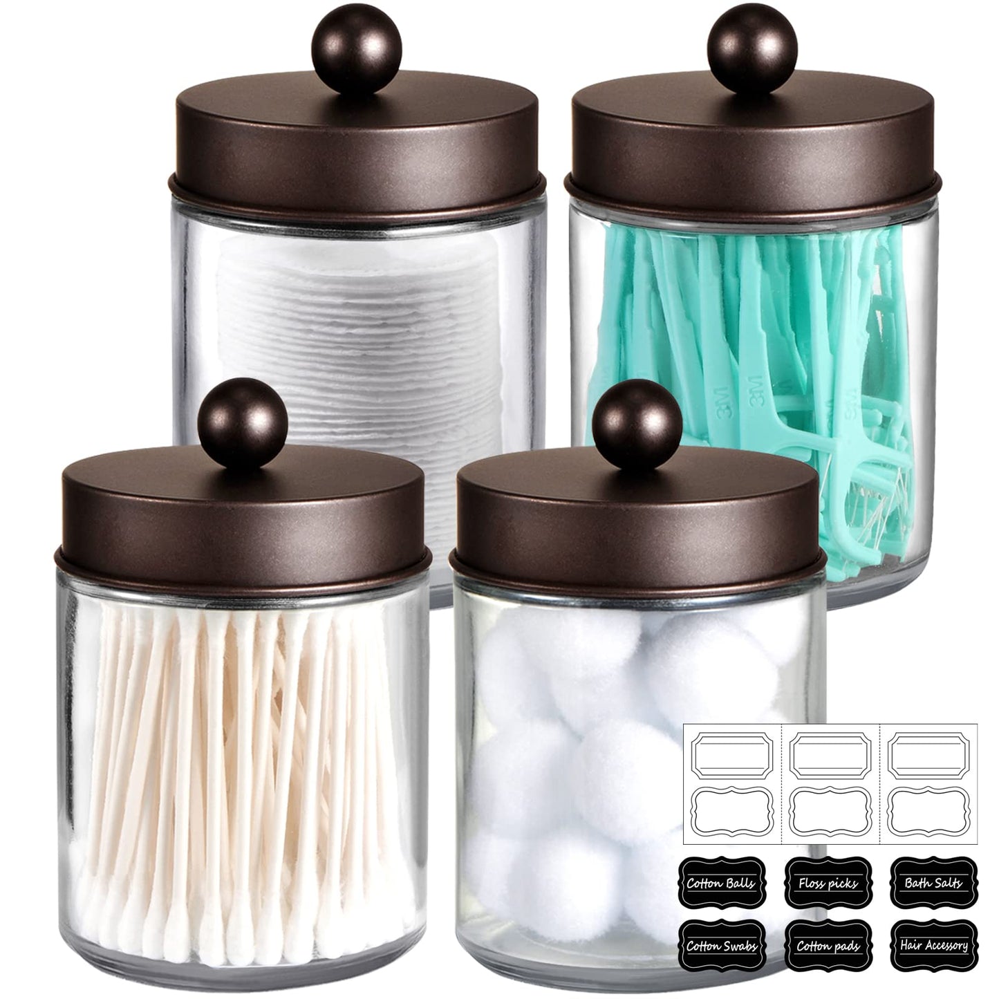 Amolliar 4 Pc Glass Apothecary Jars - Countertop Qtip Dispenser Holder with Stainless Steel Lids&Cute Stickers -Bathroom Vanity Storage Organizer Set for Qtips,Cotton Swabs/Rounds (Bronze)