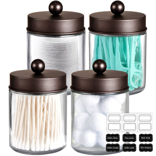 Amolliar 4 Pc Glass Apothecary Jars - Countertop Qtip Dispenser Holder with Stainless Steel Lids&Cute Stickers -Bathroom Vanity Storage Organizer Set for Qtips,Cotton Swabs/Rounds (Bronze)