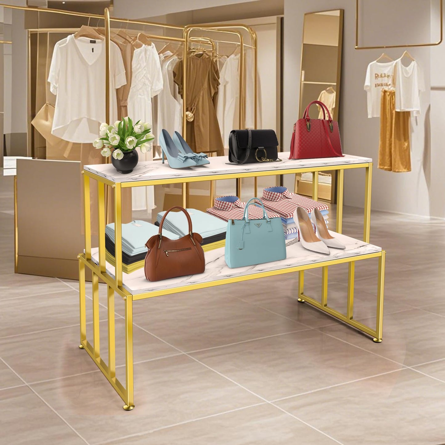 CIVANA 2 Tier Retail Display Table for Shoes & Handbags, Gold Metal and Wood Boutique Display Stand, Heavy Duty Display Riser Shelf for Clothing Stores, Vendor Events, Showroom & Home, 45.2"
