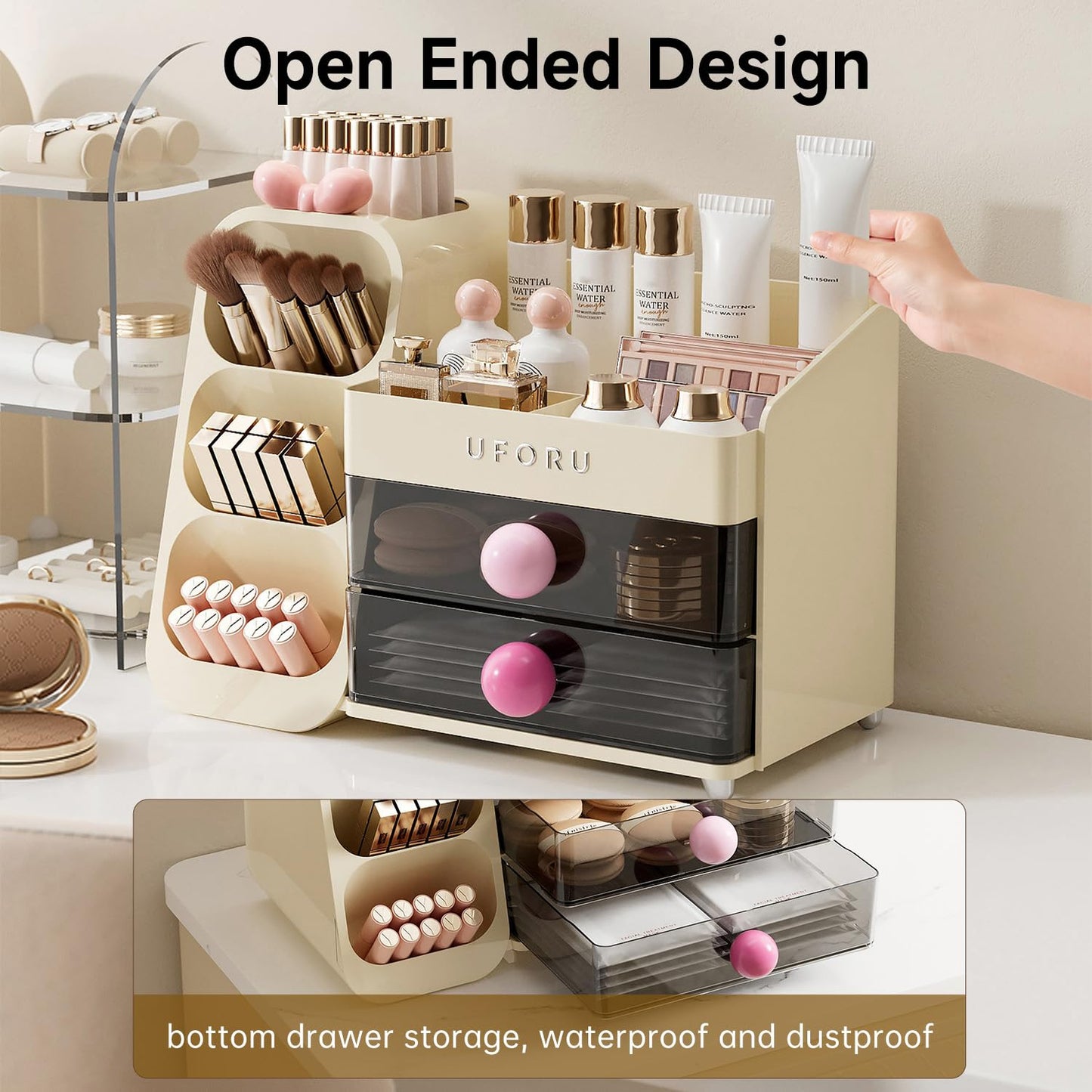 UFORU Makeup Organizer for Vanity with Brush Holder, Large Capacity Bathroom Countertop Skincare Organizer with 2 Drawers, Cosmetic Display Case for Perfumes, Eyeshadow Palettes, Nail Polishes