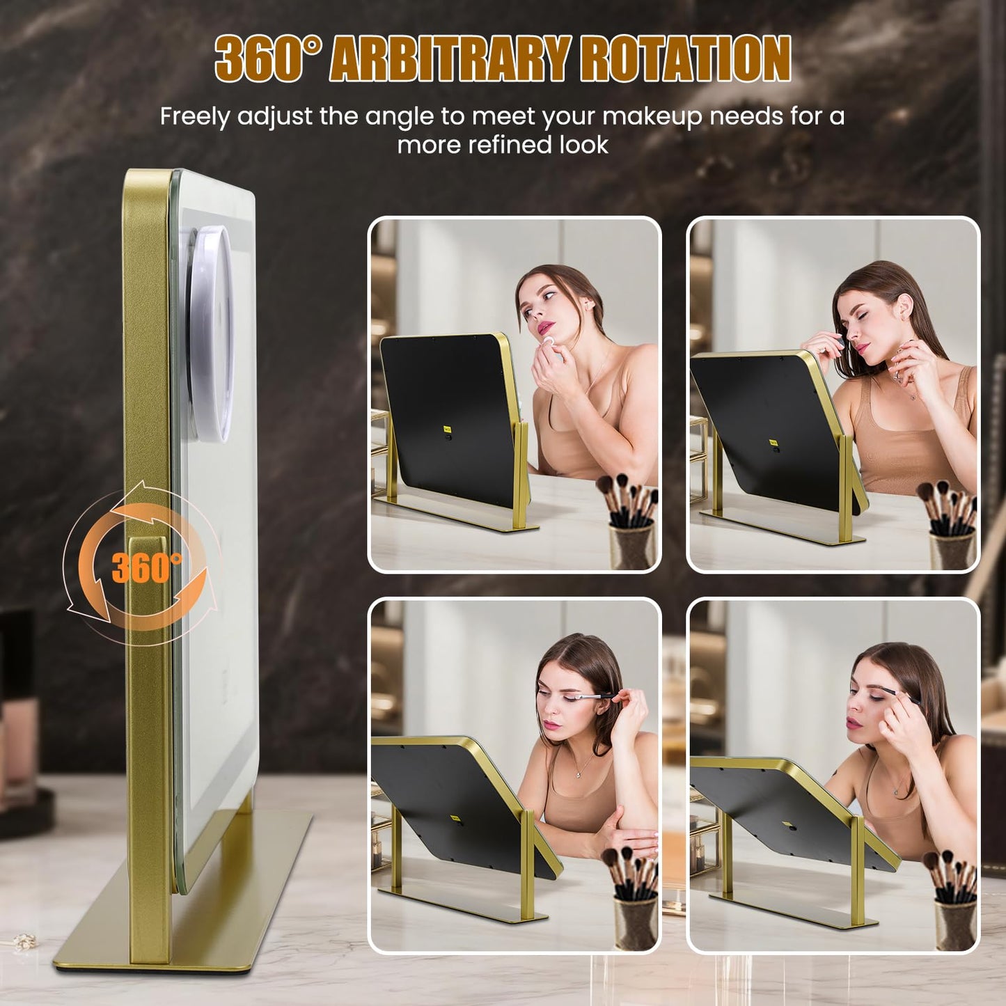 Vanity Mirror with Lights, 16"×12.4" LED Makeup Mirror, Rounded Frame, 10X Magnification, Smart Touch with 3-Color Lighting, Dimmable, 360° Rotation, Lighted Up for Makeup Desk, Bedroom (Gold)