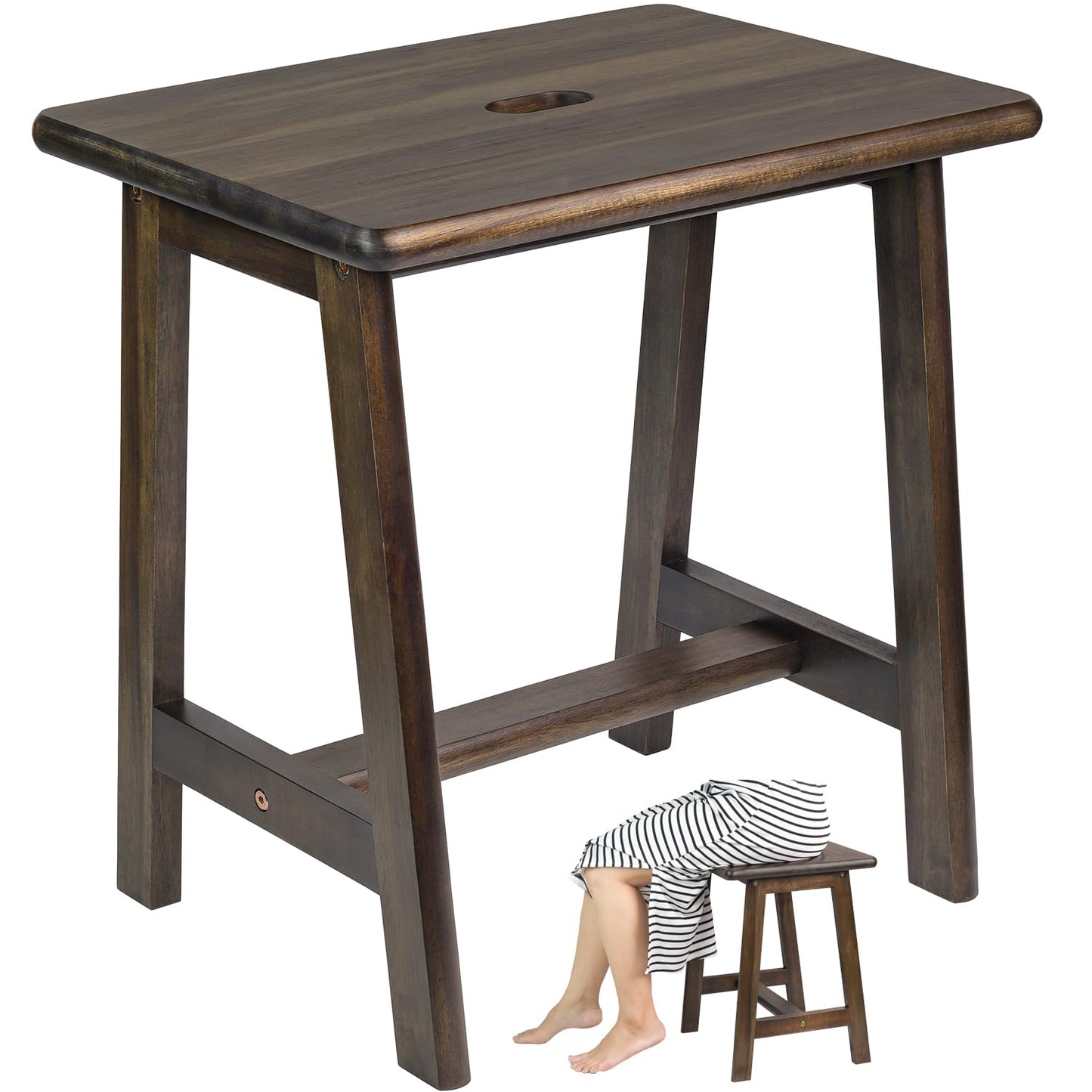 Acacia Wood Stool - Rectangular (16.7" D x 13" W x 17.7" H) - Small Bench Seat, End Table, Bathroom, Plant, Makeup Stool - Walnut Color
