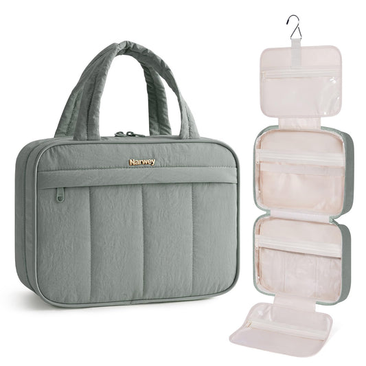 Narwey Hanging Travel Toiletry Bag for Women, Quilted Makeup Bag Organizer with Handle, Travel Bathroom Bag, Portable Toiletries Bag for Essentials, Accessories, Brushes, Cosmetics (Sage Green)