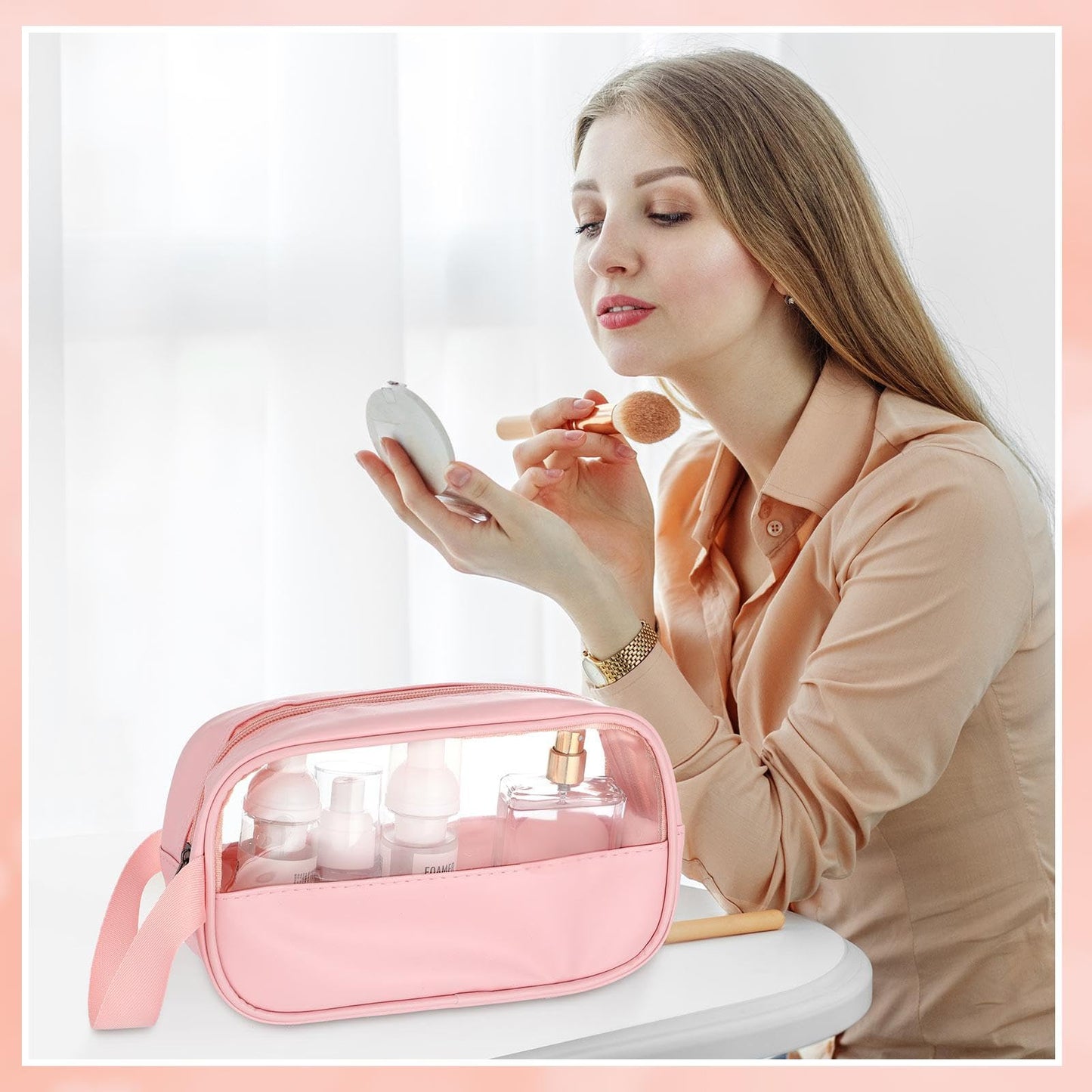 Tanlade 18 Pcs Clear Cosmetic Bags Bulk, Translucent Makeup Toiletry Bag for Women Waterproof Portable Cosmetic Bag Set Traveling Make up Organizer(Pink)