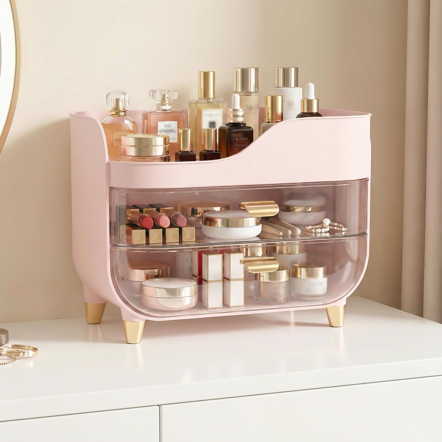 Asdbko Makeup Organizer for Vanity with Large Smooth Drawers Extra Large Skincare Organizer for Bathroom Countertop and Dresser, Crystal Clear Cosmetic Storage Display Case for Beauty Products