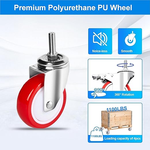 4 inch Stainless Steel Caster Wheels Heavy Duty, 1/2"-13x1-1/2 Threaded Stem Casters with Brake, Rust Resistant, Polyurethane PU Wheels for Hospital, Lab, Furniture, Restaurant