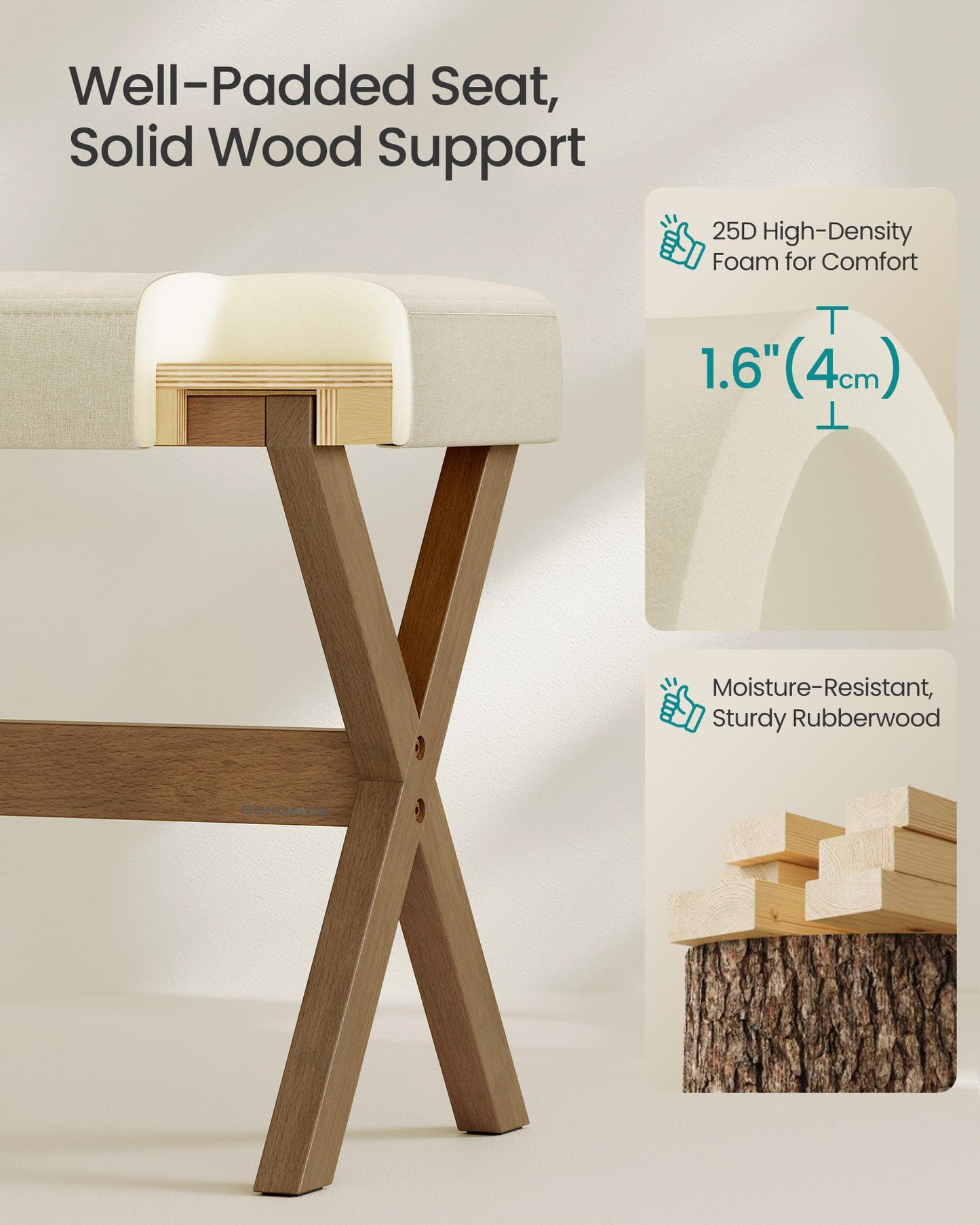 SONGMICS Makeup Stool, Padded Vanity Stool, Foot Rest, Solid Wood X Legs, for Bedroom, Closet, Entryway, 12.6 x 16.5 x 18.1 Inches, Summer Sand and Brown ULSF006LF01