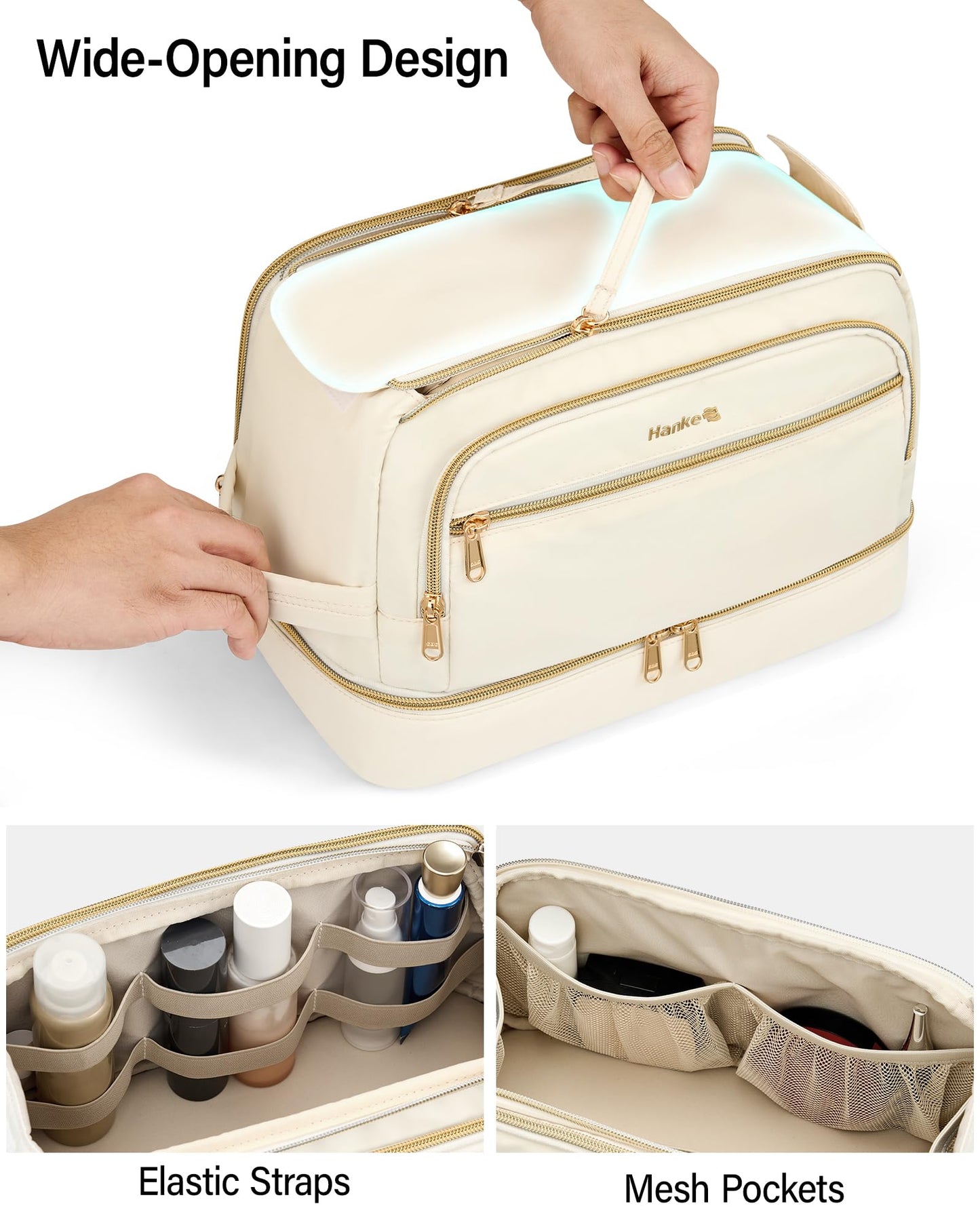 Hanke Travel Toiletry Bag, Lightweight Wide-open Makeup Bag, Dual-Layer Travel Bag for Toiletries Water-Resistant Cosmetic Bags Large Toiletry Bags for Women & Men, Travel Essentials, Off White
