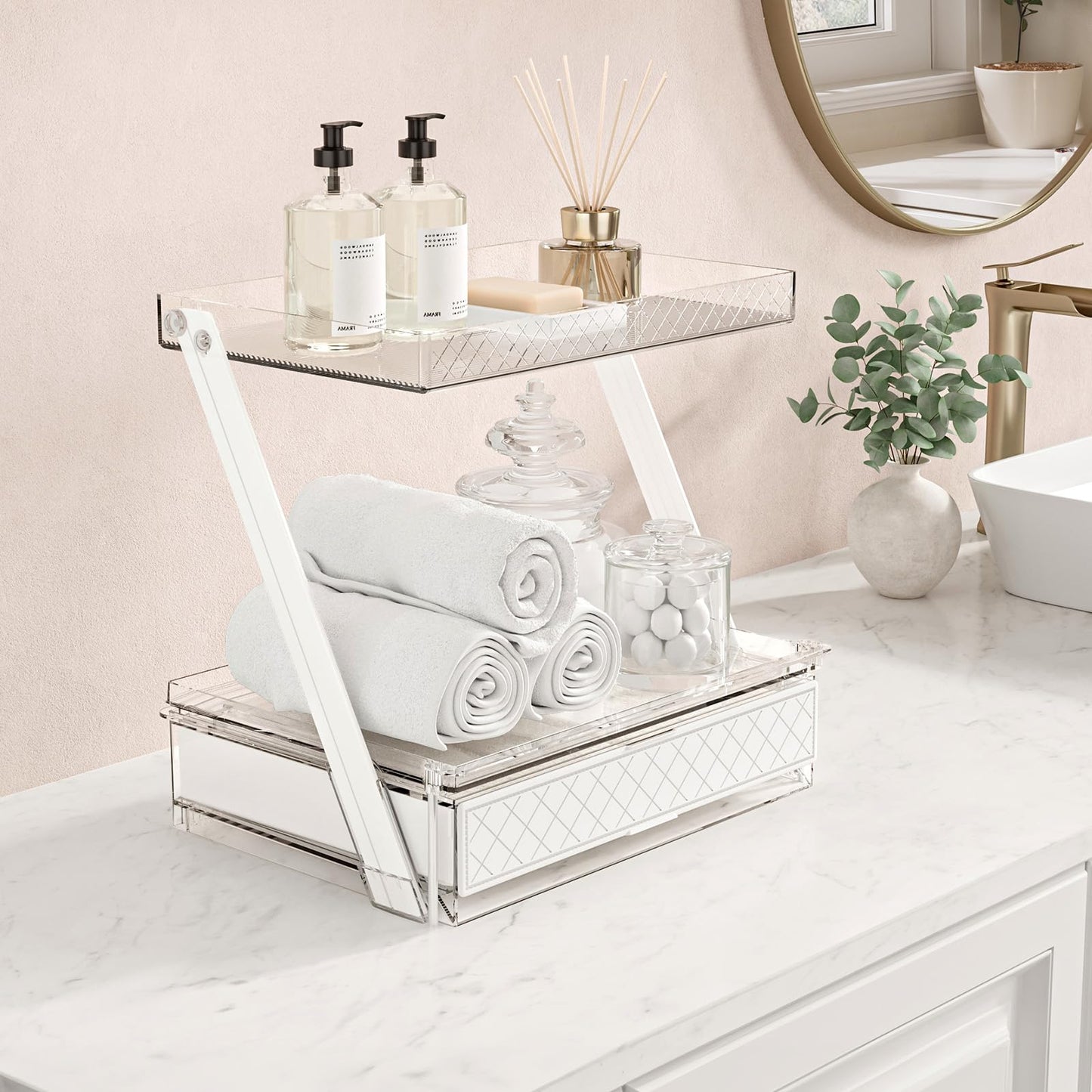3-Tier Bathroom Countertop Makeup Organizer - Big Make Up Storage with Slide-Out Tray & Bottom Drawer, Transparent Acrylic for Cosmetics Brushes Lipsticks Skincare