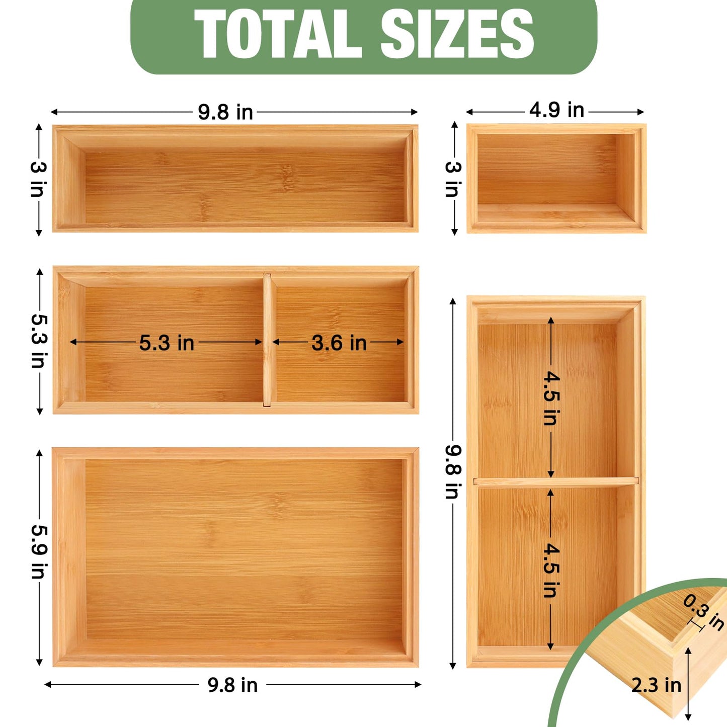 Bxngjuj Bamboo Drawer Organizer,5 PCS Silverware Organizer & Kitchen Organizers and Storage,Utensil Drawer Organizer With Removable Dividers for Kitchen,Utensils,Bathroom,Office,Makeup(Natural)