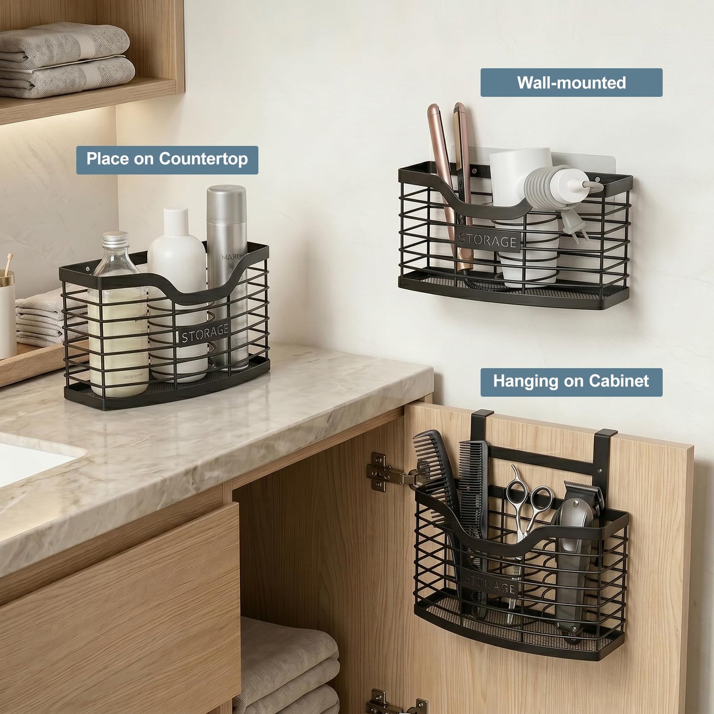 KIMERSE Hair Tool Organizer, Stainless Steel Hair Dryer Holder for Dresser, Bathroom Countertop & Cabinet Door, Wall Mount Storage Basket for Holding Hairdressing Curler, Blow Dryers, Shaver, Comb