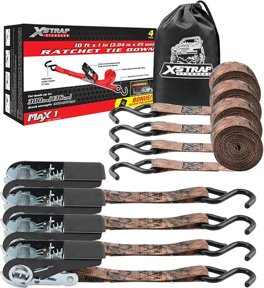 XSTRAP STANDARD Ratchet Tie Down Straps 4 Pk 10 Ft- 300 Lbs Load Cap- 900 Lbs Break Strength-Cargo Straps for Hunting, UTV, ATV, Pickup, Truck, Moving Appliances, Lawn Equipment, Camouflage