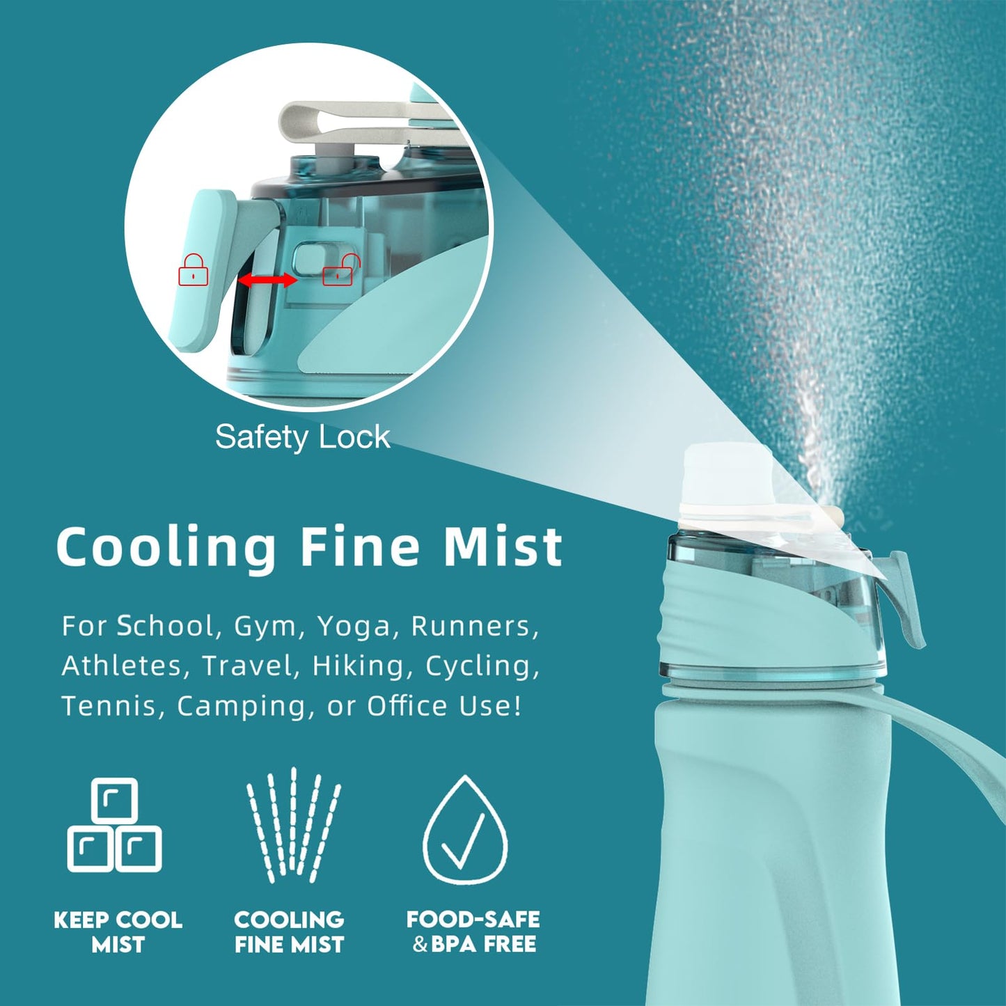 CUPYUOOU Misting Water Bottle, 24oz Insulated Water Bottle, 2-in-1 Mist & Sip Stainless Steel Water Bottles, Sports Water Bottle for Hiking, Running, Gym (Teal Blue)