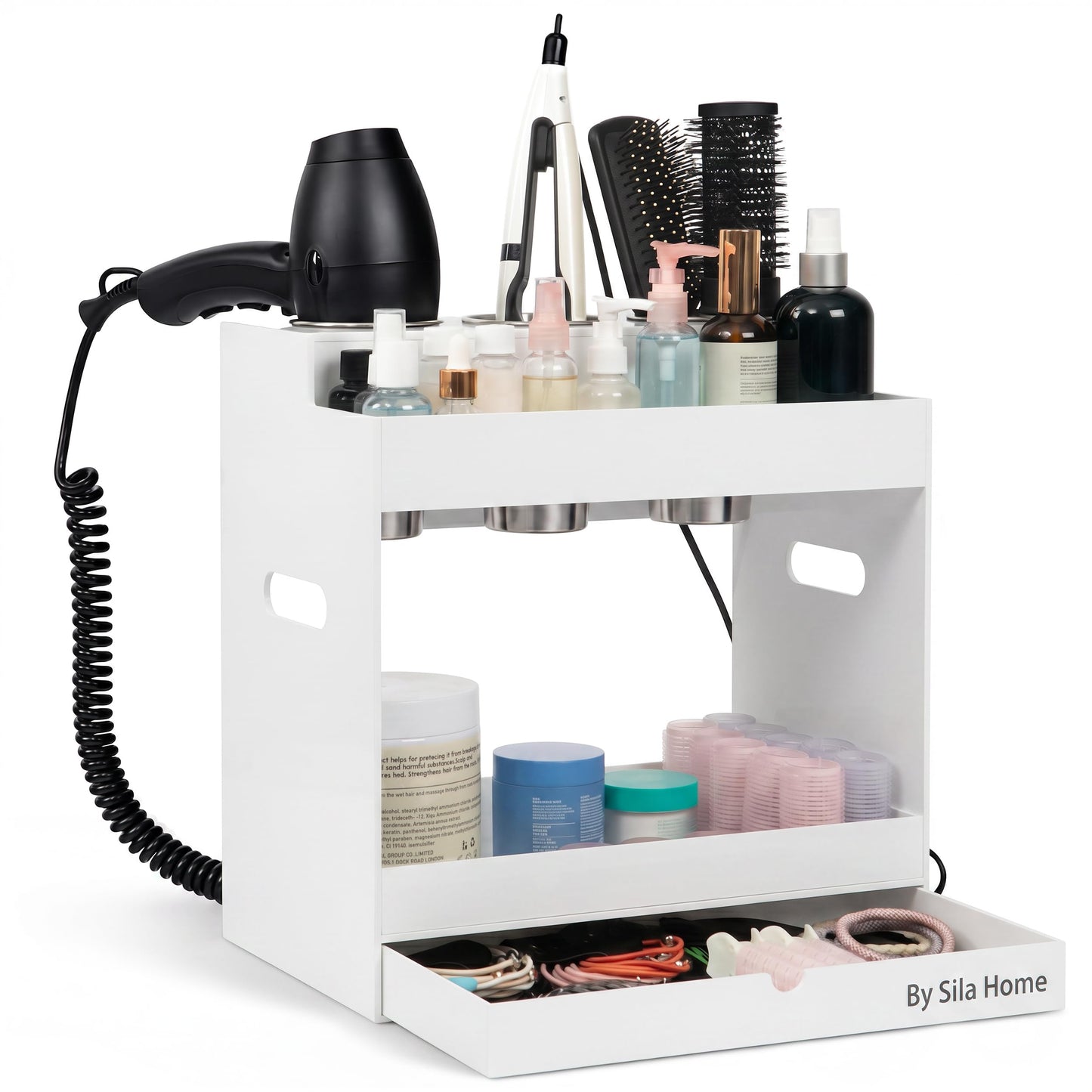Hair Tool Organizer Countertop Extra Wide Bay | Bathroom & Hot Tools Organizer For Hair | Hairdryer Holder For Bathroom Vanity | Hot Tools Storage for Curling Iron Straightener, 3 Stainless Cups White
