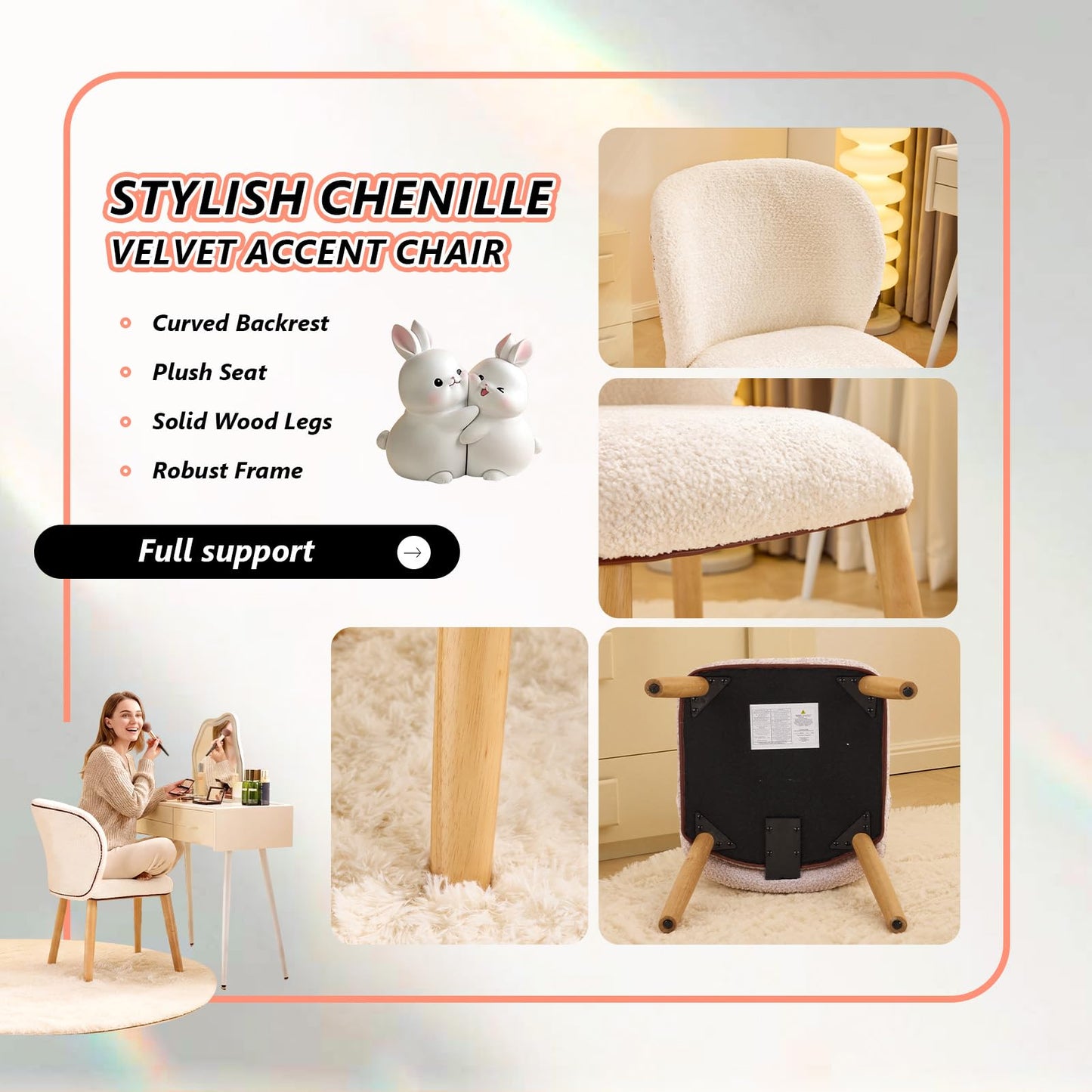 VINGLI Chenille Curved-Back Armless No Wheels Vanity Chair for Girls, Cute & Furry Upholstered Desk Chair with Solid Wood Legs for Study/Makeup/Bedroom/Dressing, Fluffy Makeup Chair for Teens, Beige