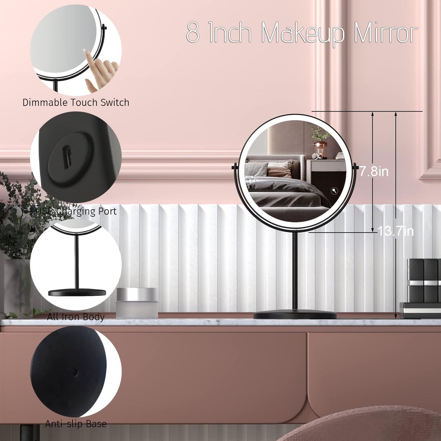 WIZCHARK 8” Lighted Makeup Mirror, 1X 10X Magnifying Mirror with Light, Double Sided Vanity Mirror with Lights, 3 Color LED Dimmable 2000mAh Rechargeable Black