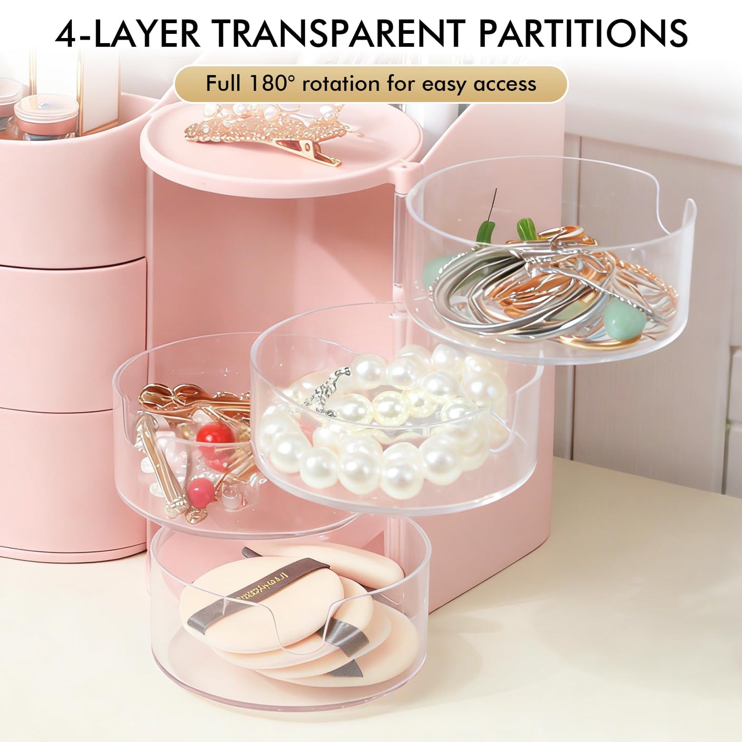 Makeup Organizer Countertop with Drawers, Make up Organizers for Vanity, Skincare Jewelry Earring Organizers, Cosmetic Display Cases Makeup Storage for Bedroom & Bathroom, Ideal Gifts for Women(Pink)