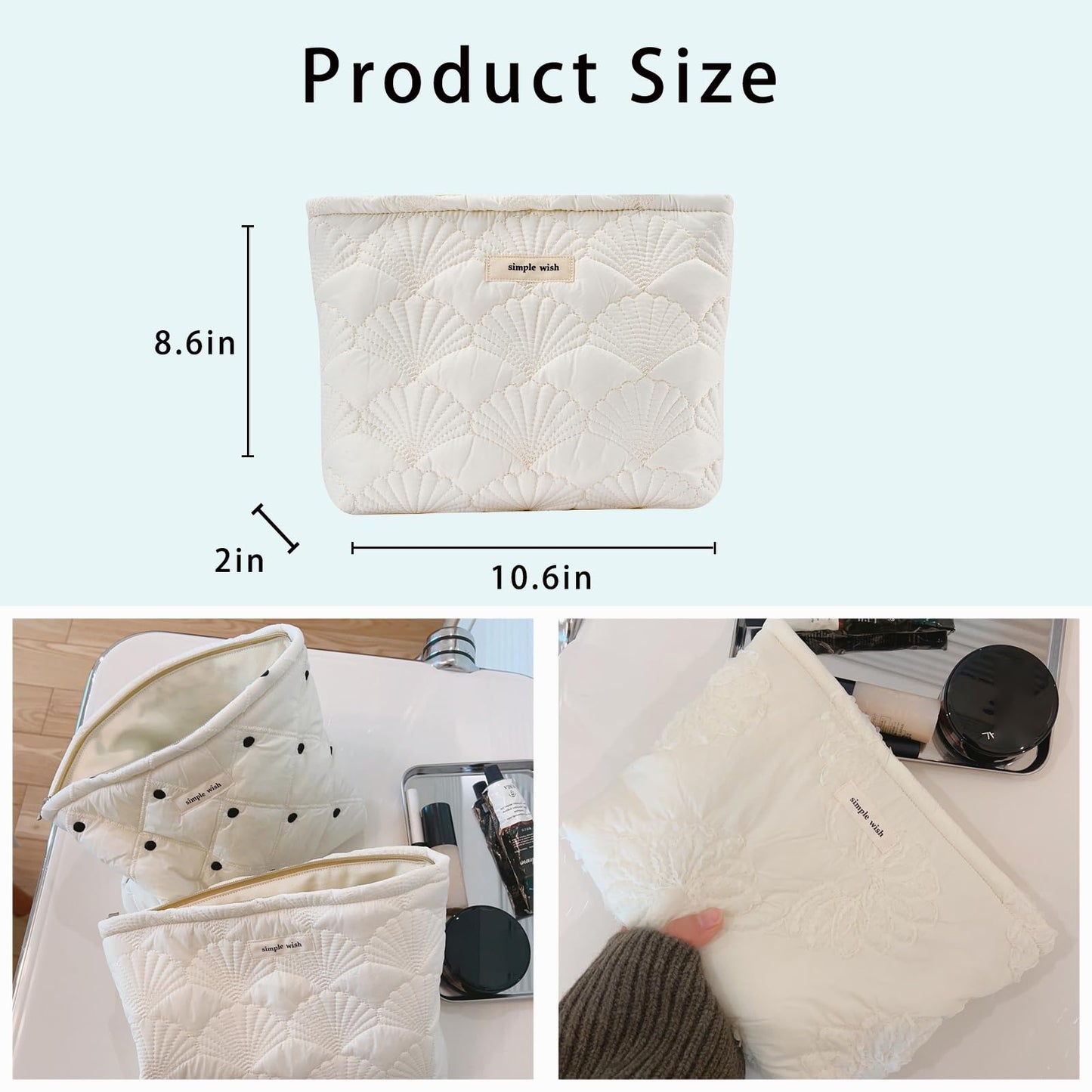 uekeboag White Quilted Cotton Makeup Pouch,Coquette Quilted Toiletry Bag for Women and Girls, Floral Coquette Organizer Bag, Aesthetic Travel Cosmetic Bags(03White Shells)