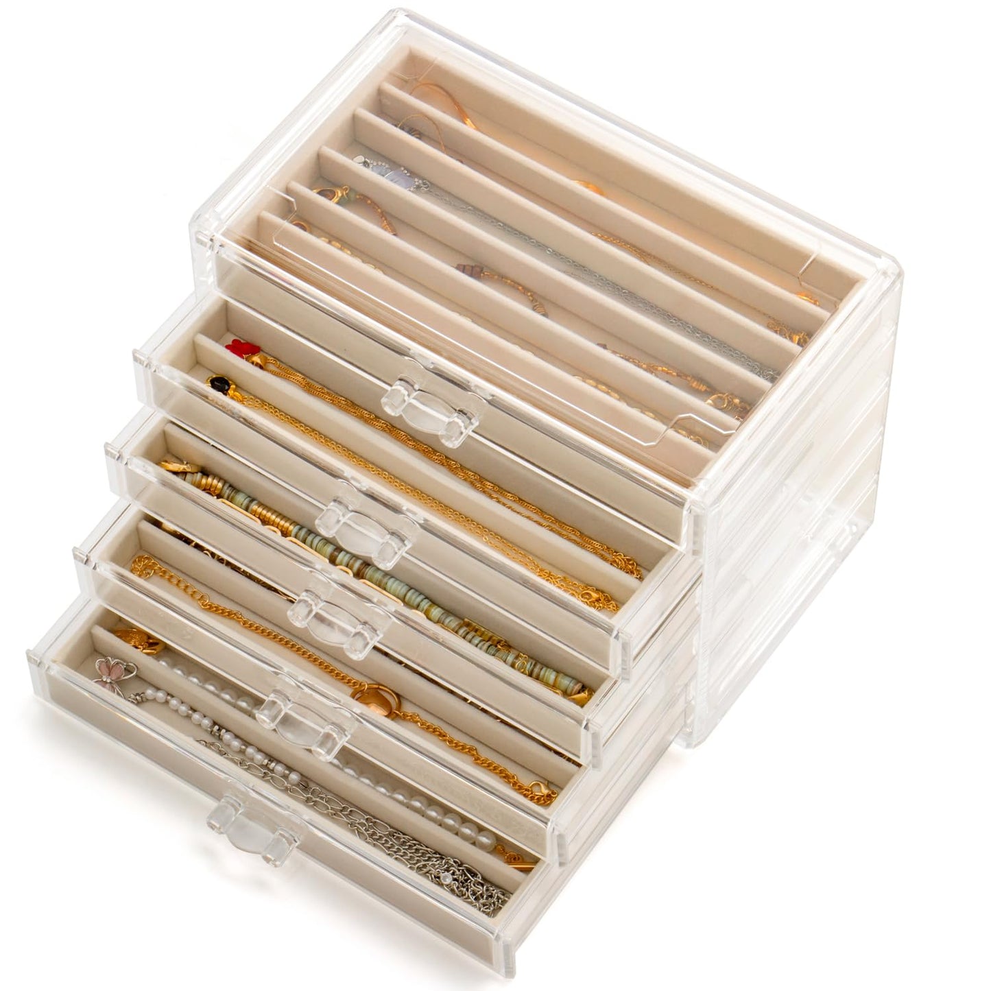 Necklace Organizer Box with 5 Drawers 30 Compartments, Dustproof Velvet Necklace Display Tray, Acrylic Necklaces Display Case, Pendant Chains Necklace Storage Tray Gift for Women and Girls (Beige)