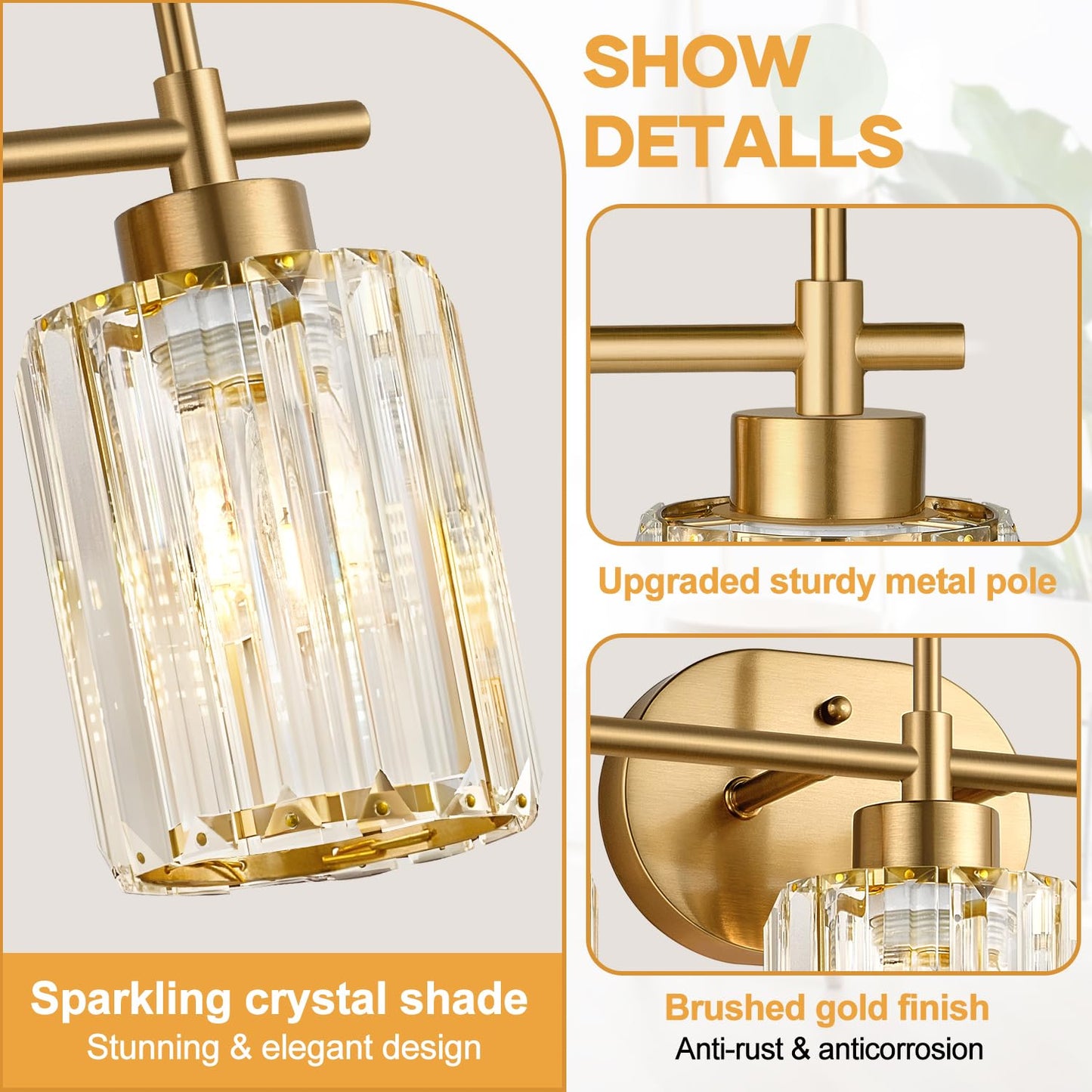 Meybiok Modern Crystal Bathroom Vanity Light, 3-Light Brushed Gold Bathroom Light Fixtures with Clear Shades, Vanity Lighting Fixtures Over Mirror (Exclude Bulb)