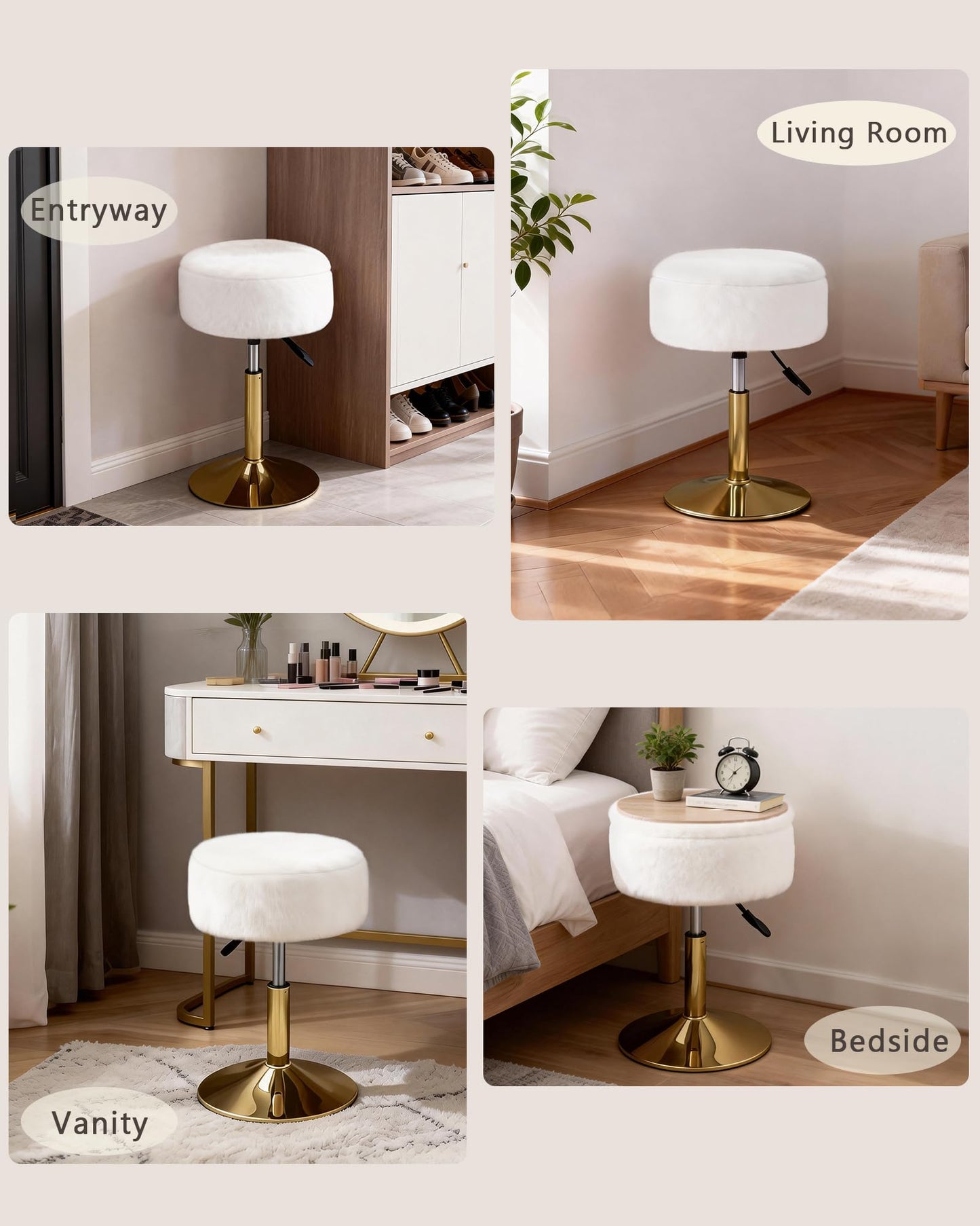 LITZFUR Adjustable Vanity Stool with Storage, 360° Swivel Gold Chair, Faux Fur Small Round Ottoman Footrest for Bathroom, Makeup Room, White