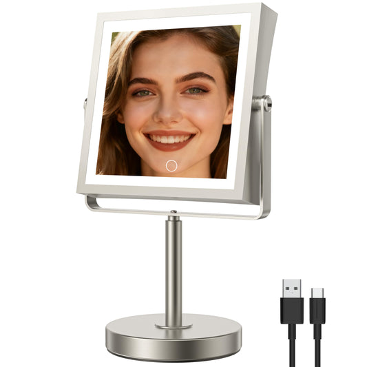 Basitool JIONIESIM Series 1X/10X Makeup Mirror with Lights, Double Sided Lighted Magnifying Mirror with 3 Colors, Height & Brightness Adjustable, Rechargeable 4000mAh Vanity Mirror (Brushed Nickel)