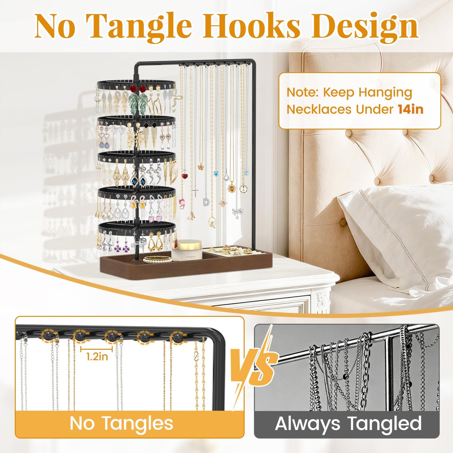 EsLuker.ly Earring Holder Organizer Necklace Display Stand, Jewelry Tree Rack Storage with Wooden Ring Tray for Women Vendors Selling, 5 Tier Plastic Rotating Earring Tower, Prevent Tangling and Mess