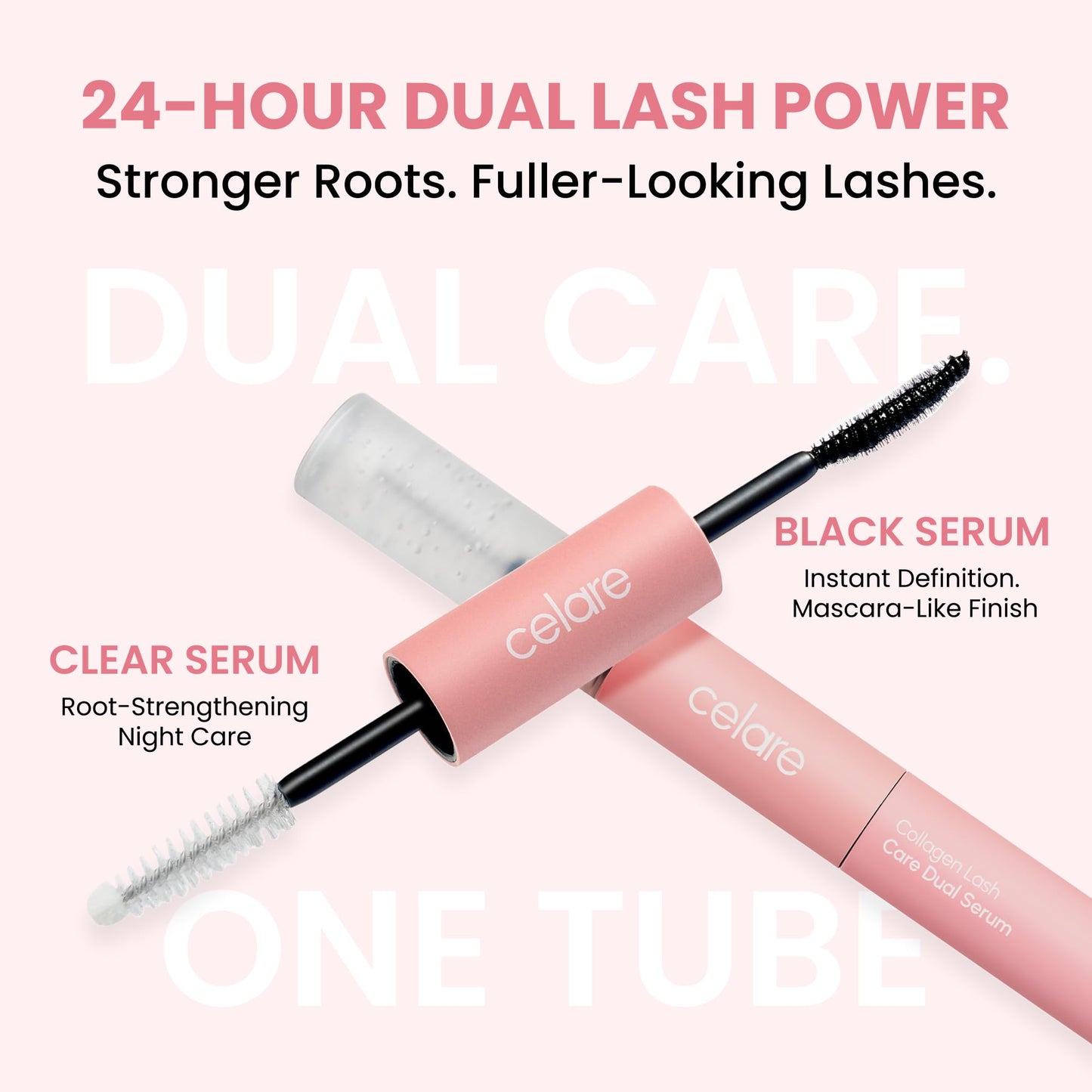 Celare Collagen Lash Care Dual Serum | Fuller, Thicker-Looking Lashes | Clinically Tested 4 Weeks | 2-in-1 Lash & Brow Enhancer | 0.43 fl oz | Collagen + Caffeine | K-Beauty | For Women & Men