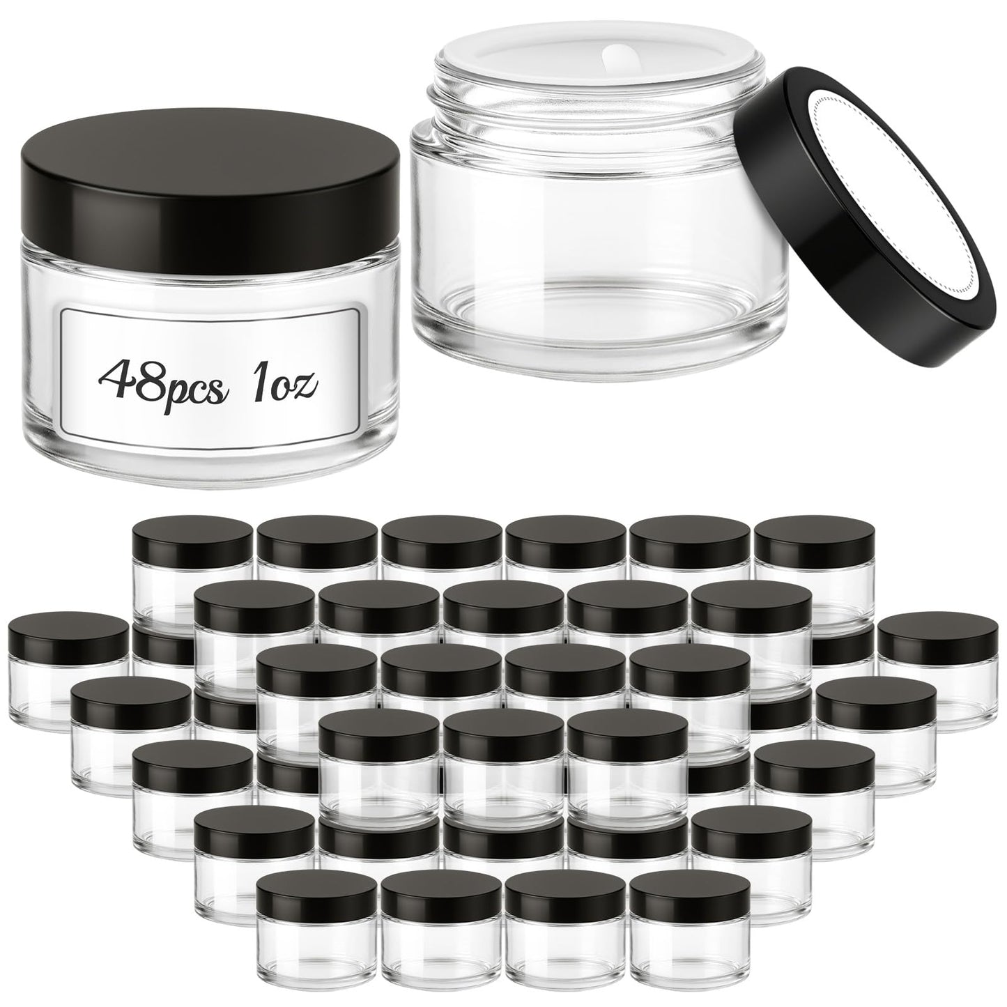 1 oz Small Glass Jars, Bumobum 48 pack Empty Round Clear Jars with Black Lids, White Labels & Inner Liners, Mini Cosmetic Containers for Cream, Lotion