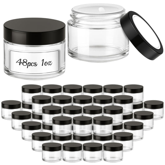 1 oz Small Glass Jars, Bumobum 48 pack Empty Round Clear Jars with Black Lids, White Labels & Inner Liners, Mini Cosmetic Containers for Cream, Lotion