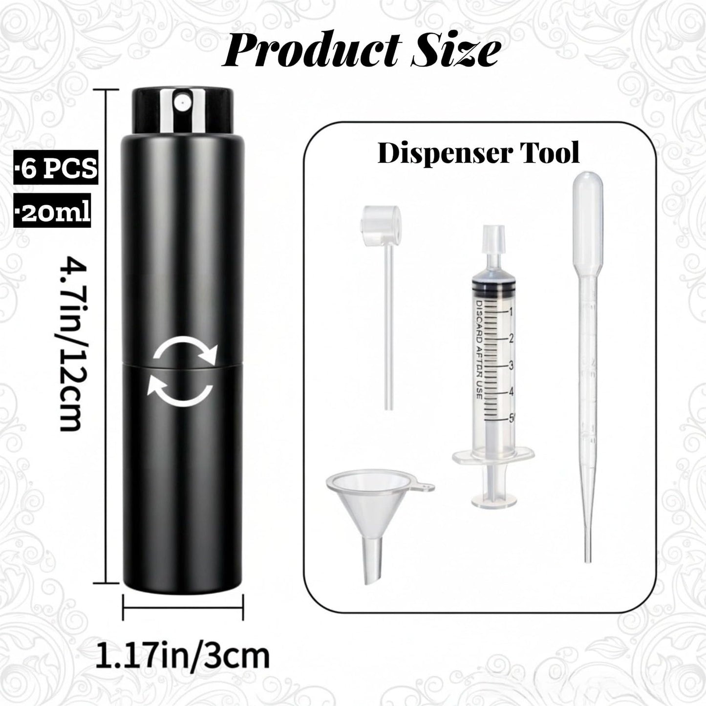Mezchi 6 Pack 20ml Cologne Travel Bottle, Refillable Perfume Atomizer, Leakproof Travel Perfume Spray Bottle with Dispenser Tool, Empty Portable Fragrance Sprayer for Man, Woman, Black