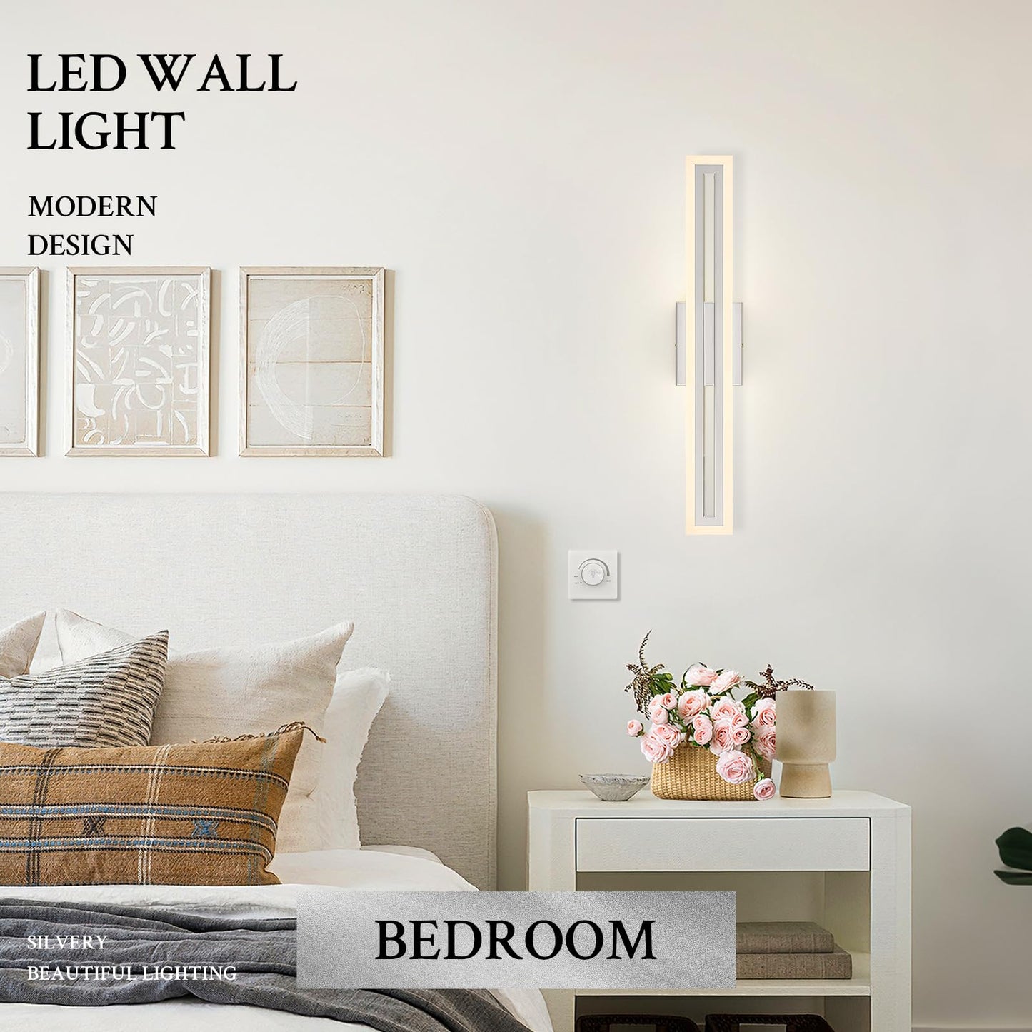 Sparklelf Modern LED Wall Sconce Silver Dimmable LED Vanity Lights Bathroom Lighting Fixtures Over Mirror Long Wall Light for Bathroom Dining Room, L24Inch 5CCT